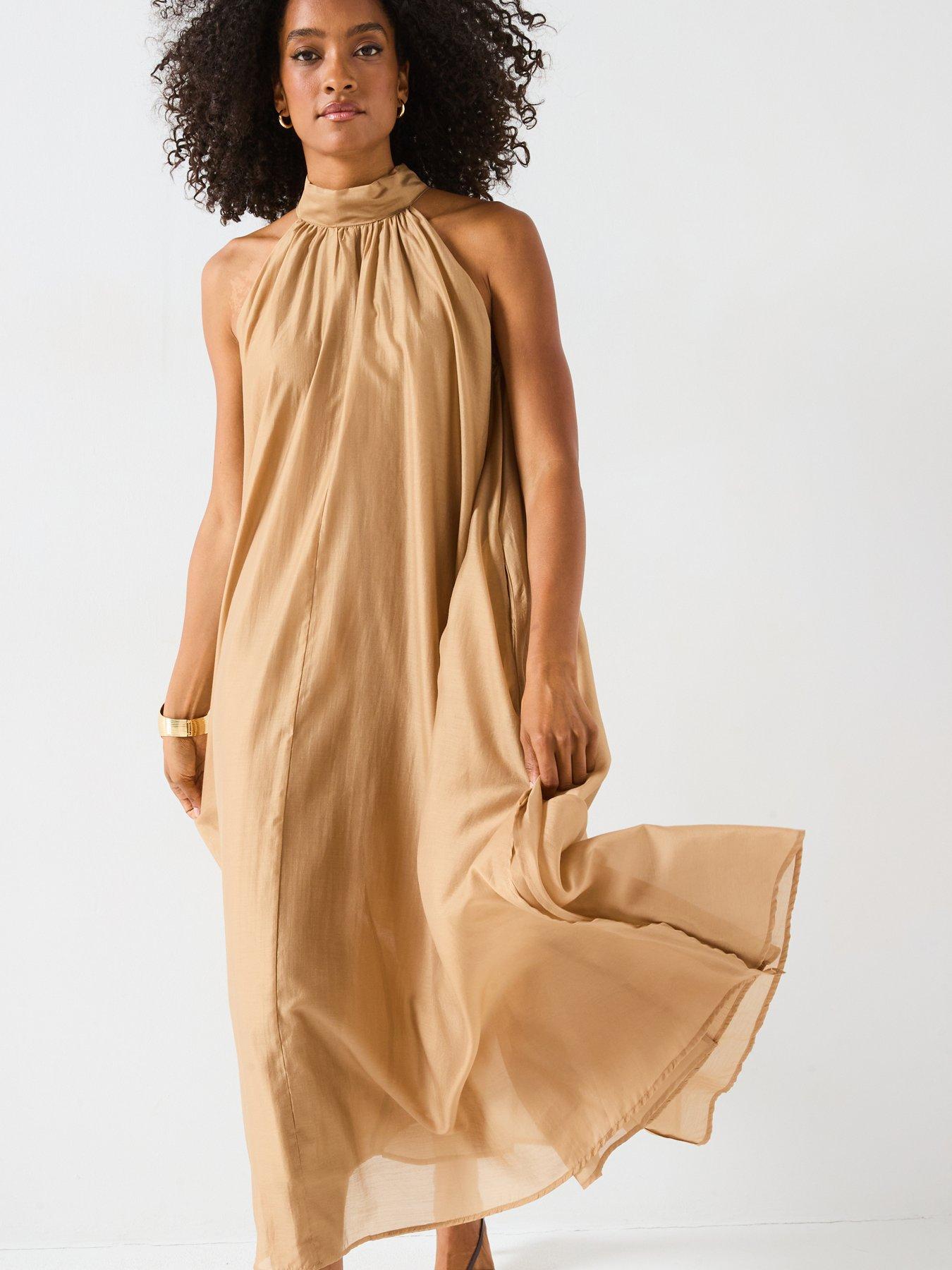 undefined Curled Halter Neck Maxi Dress- Camel