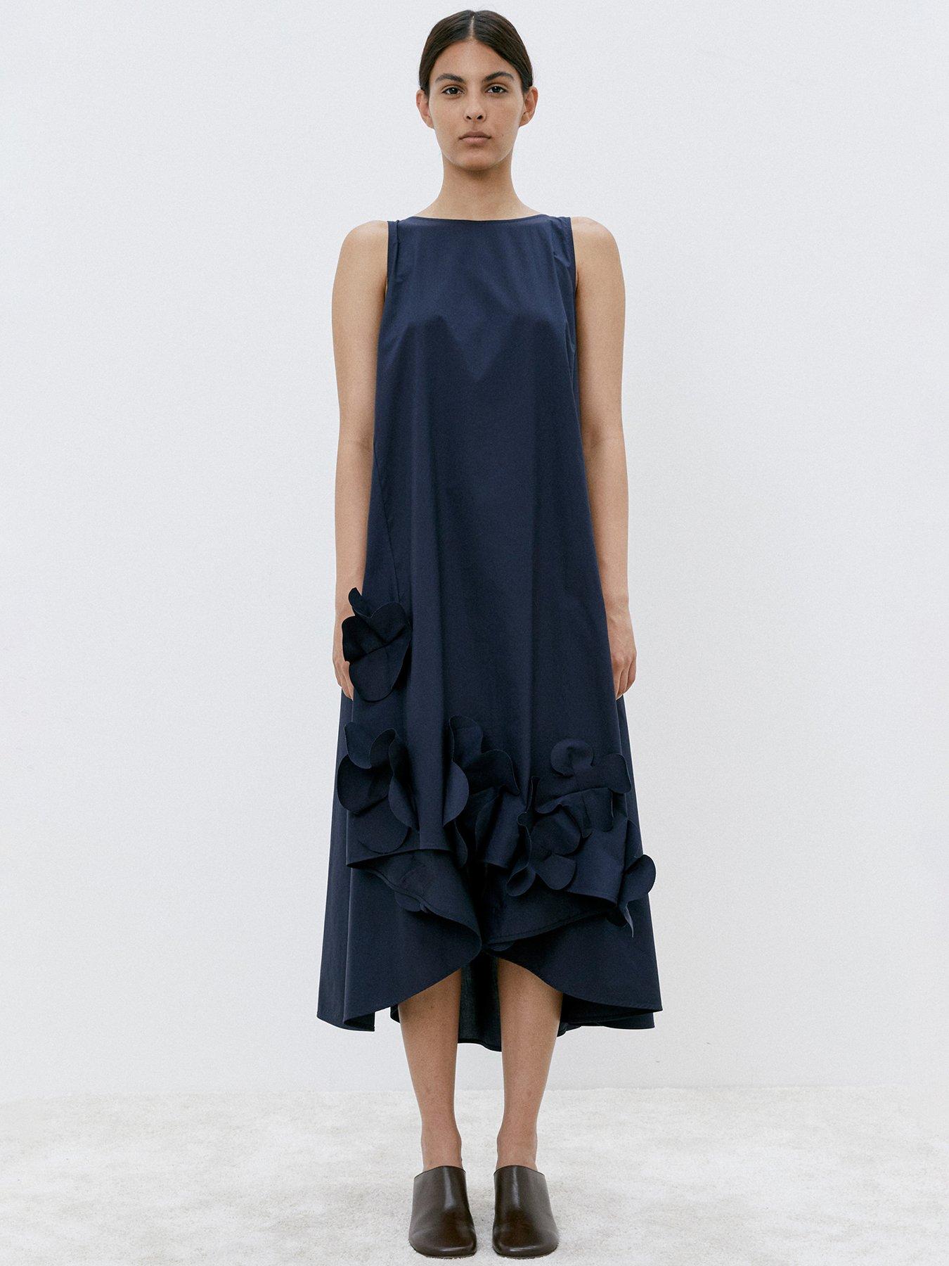 undefined Dress with Flower Ruffle Hem - Navy