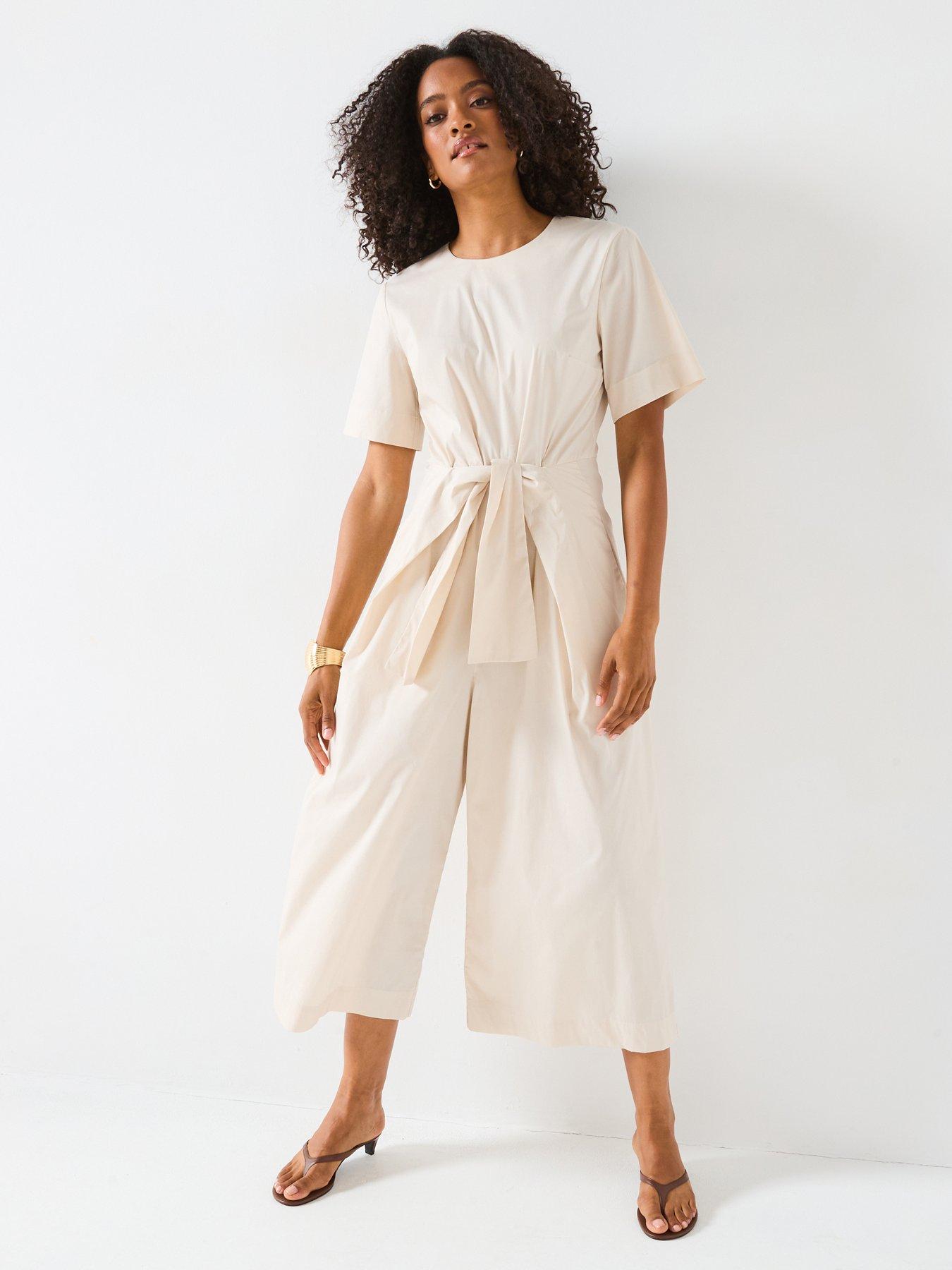 undefined Front Knot Round Neck Jumpsuit- Oyster