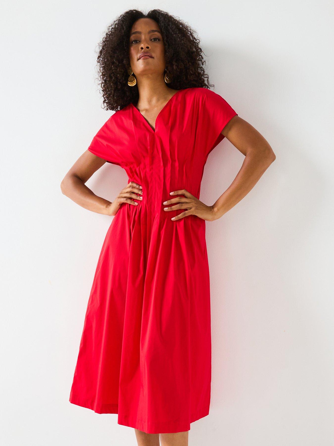 undefined V-neckline Pleated Midi Dress- Goji Berry