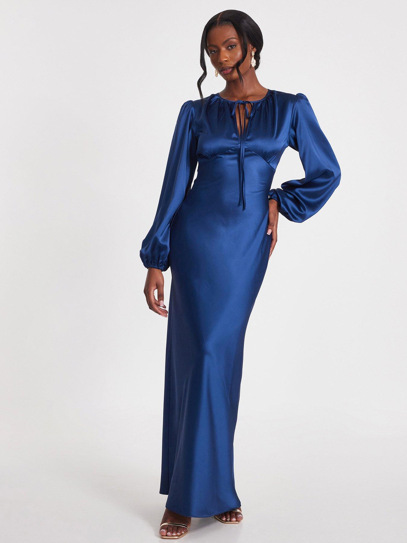 undefined Navy Satin Tie Front Midaxi Dress