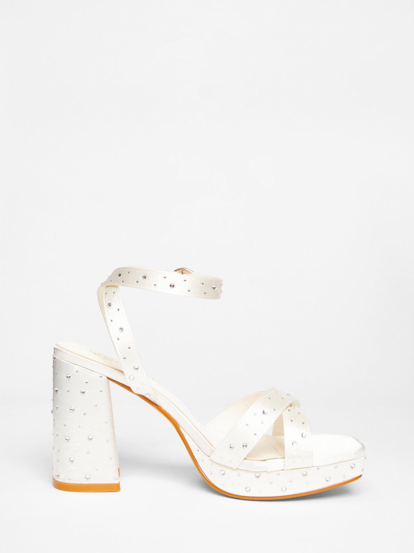 Image 4 of 5 of Quiz Wide Fit White Bridal Diamante Platform Heels