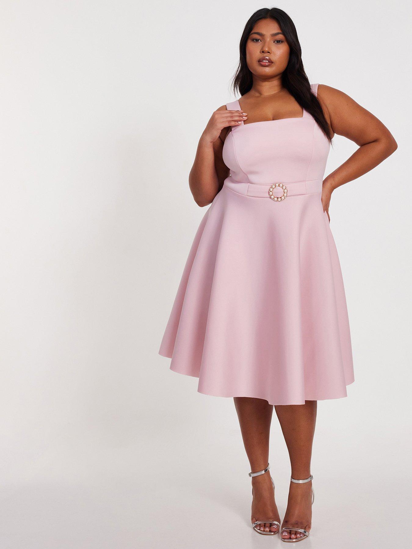 pink skater dress uk Quiz Curve Pink Belted Skater Dress