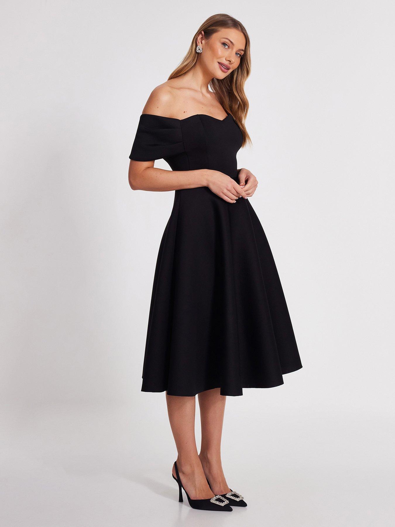 Bardot Midi Skater Dress Quiz Bottle Green Scuba Bardot Midi Skater Dress  With Organza 3D