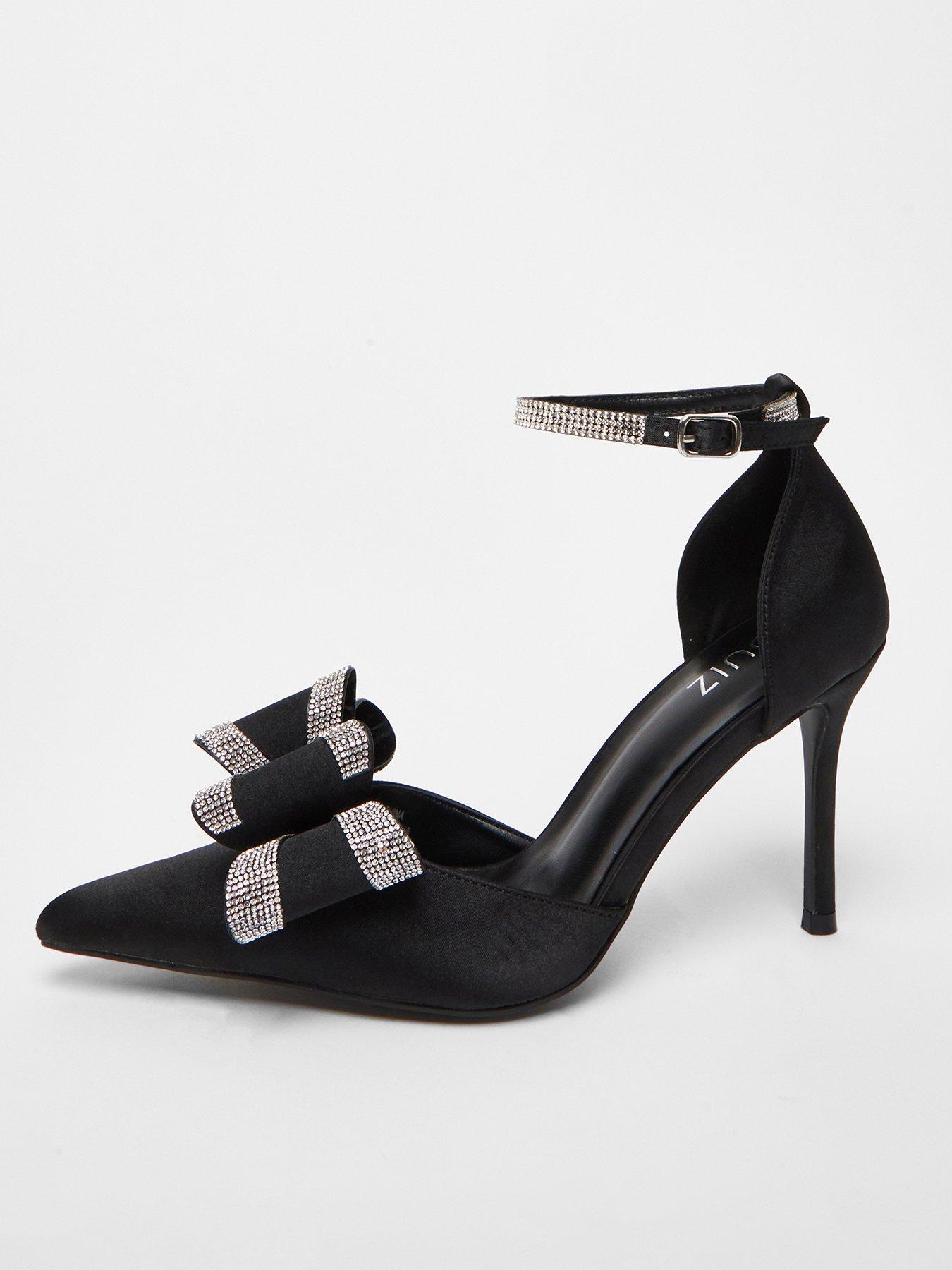 Image of Quiz Black Satin Diamante Bow Court Heels