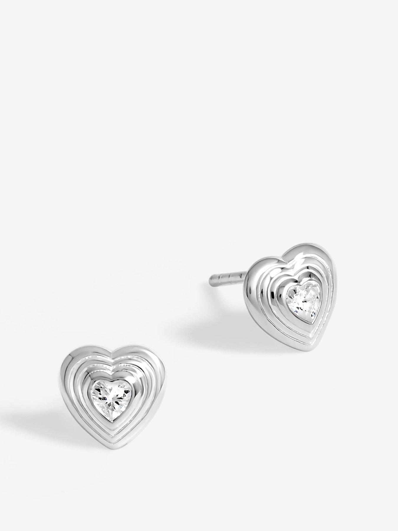 undefined Sterling Silver 925 Ridged Heart Cubic Zirconia Stud Earrings