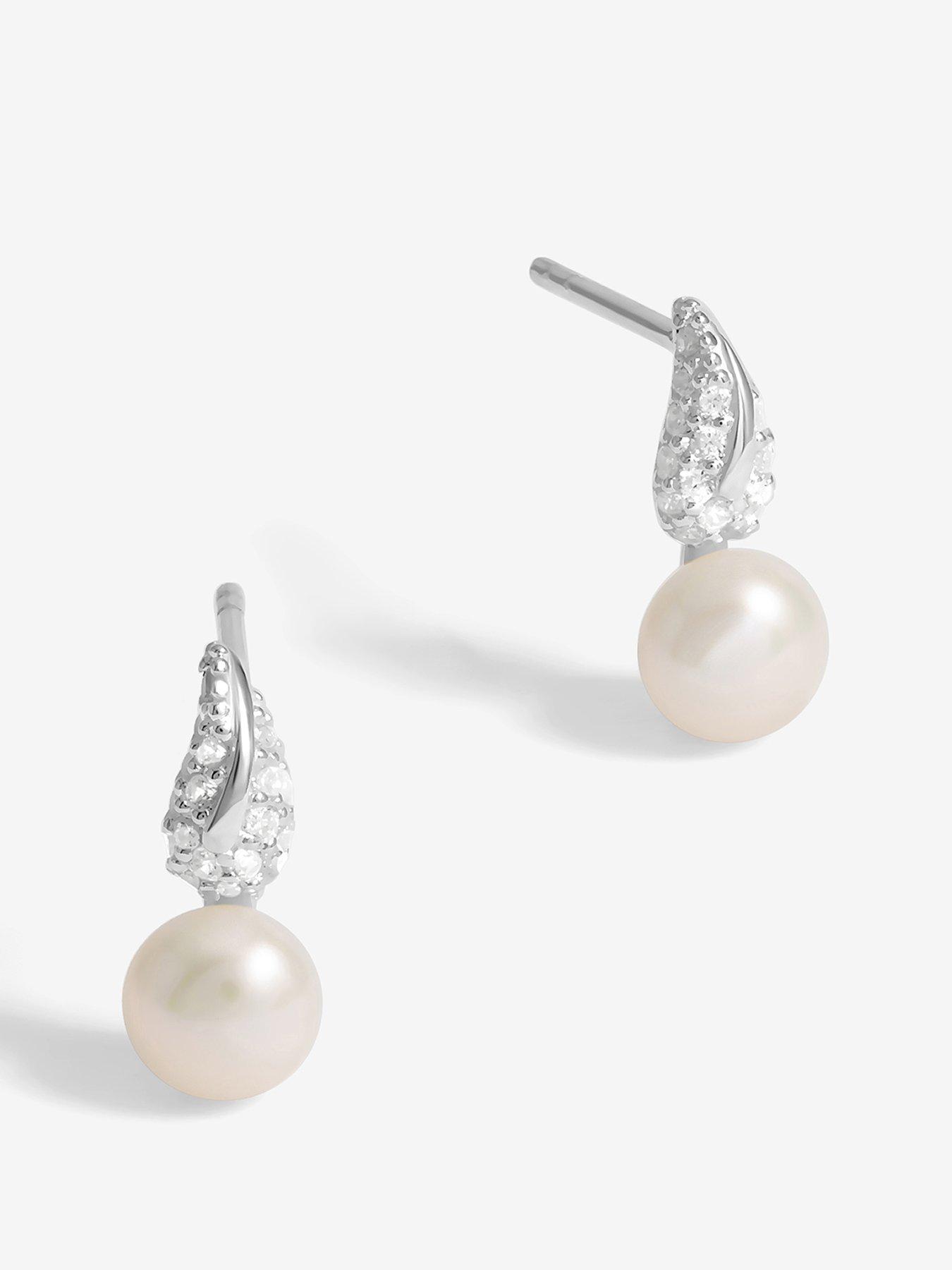 Simply Silver Sterling Silver 925 Pave and Pearl Drop Stud Earrings