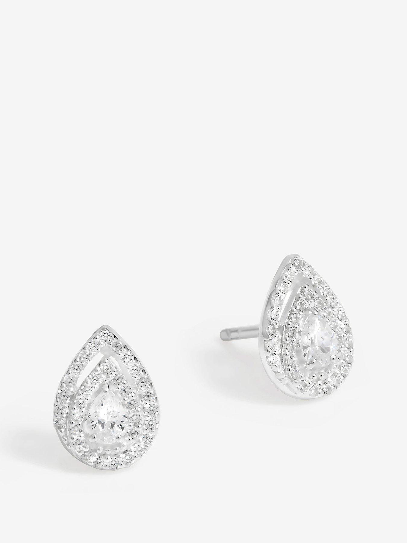 undefined Sterling Silver 925 Cubic Zirconia Double Halo Pear Stud Earrings
