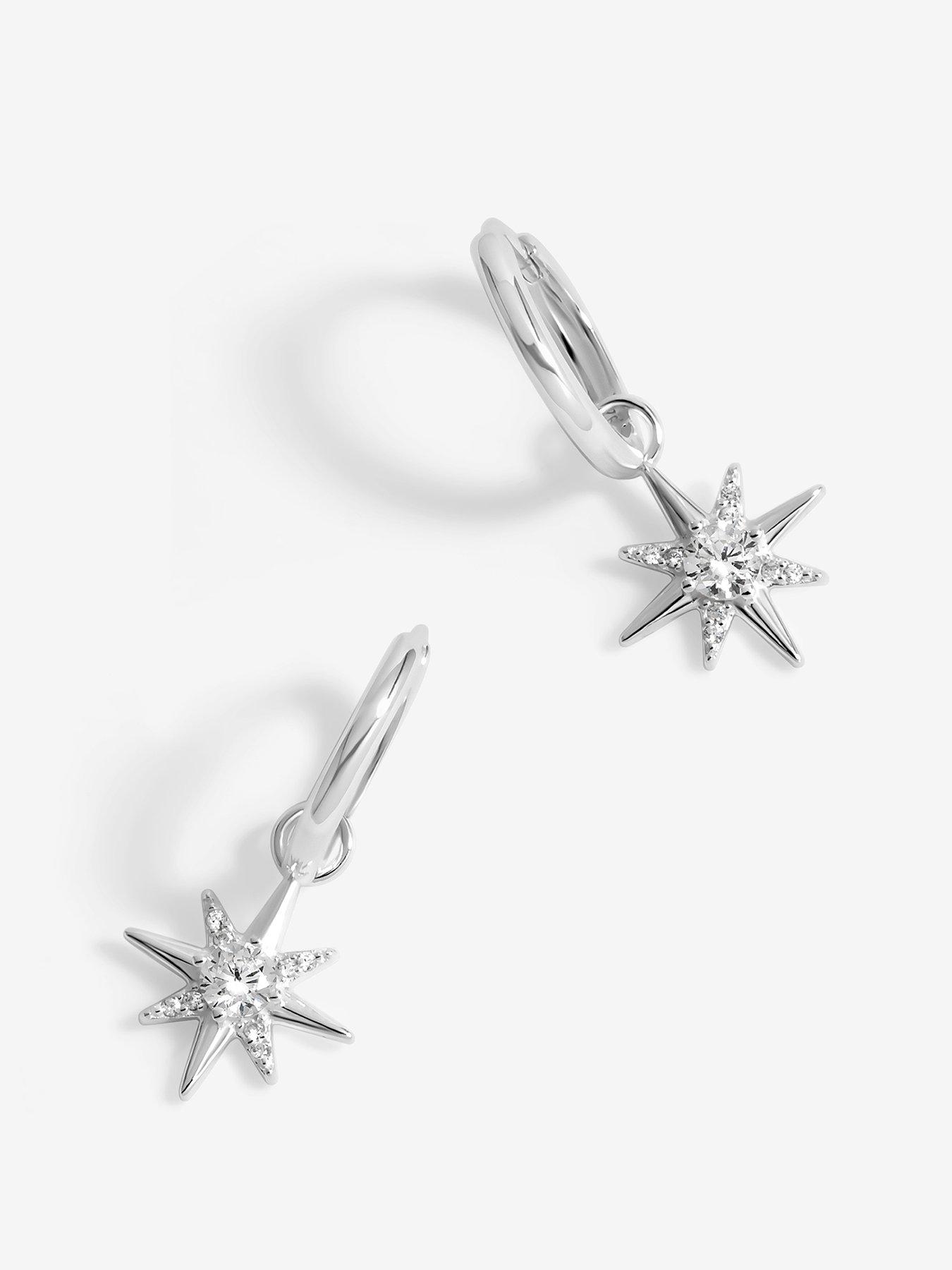 undefined Sterling Silver 925 Cubic Zirconia Celestial Star Hoop Earrings