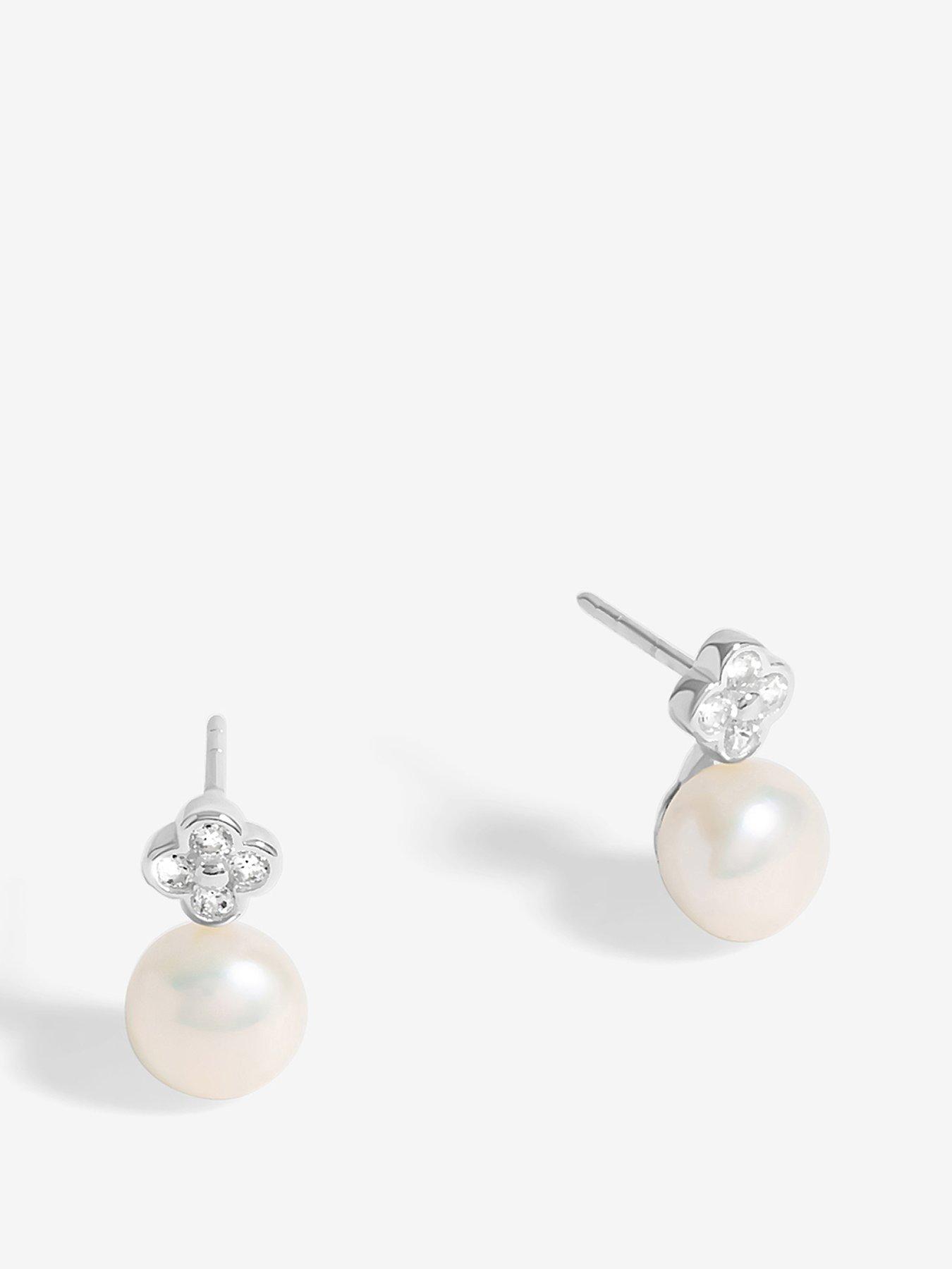undefined Sterling Silver 925 Cubic Zirconia Clover and Pearl Drop Stud Earrings