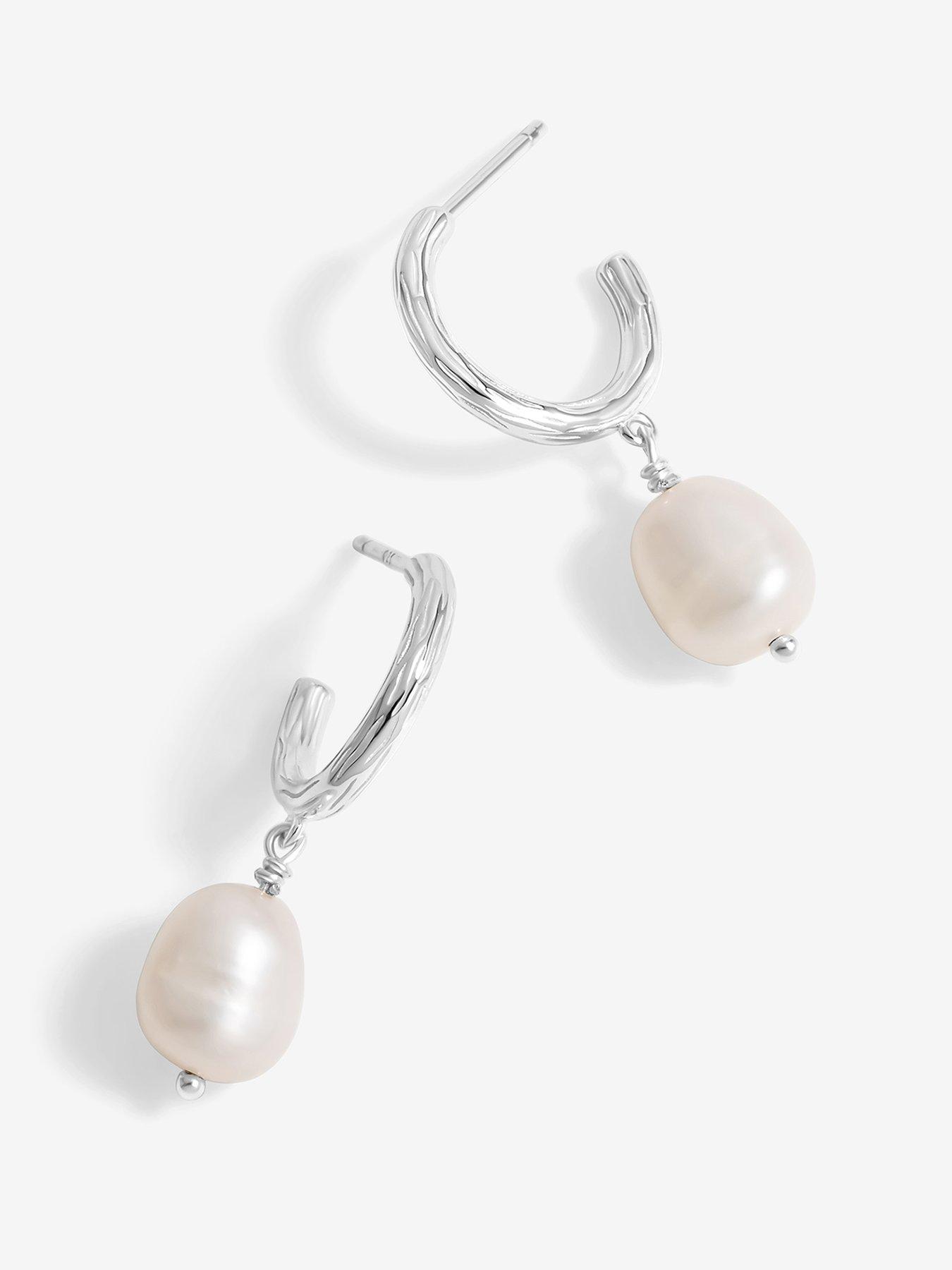 Simply Silver Sterling Silver 925 Polsihed Textured and Pearl Hoop Earrings