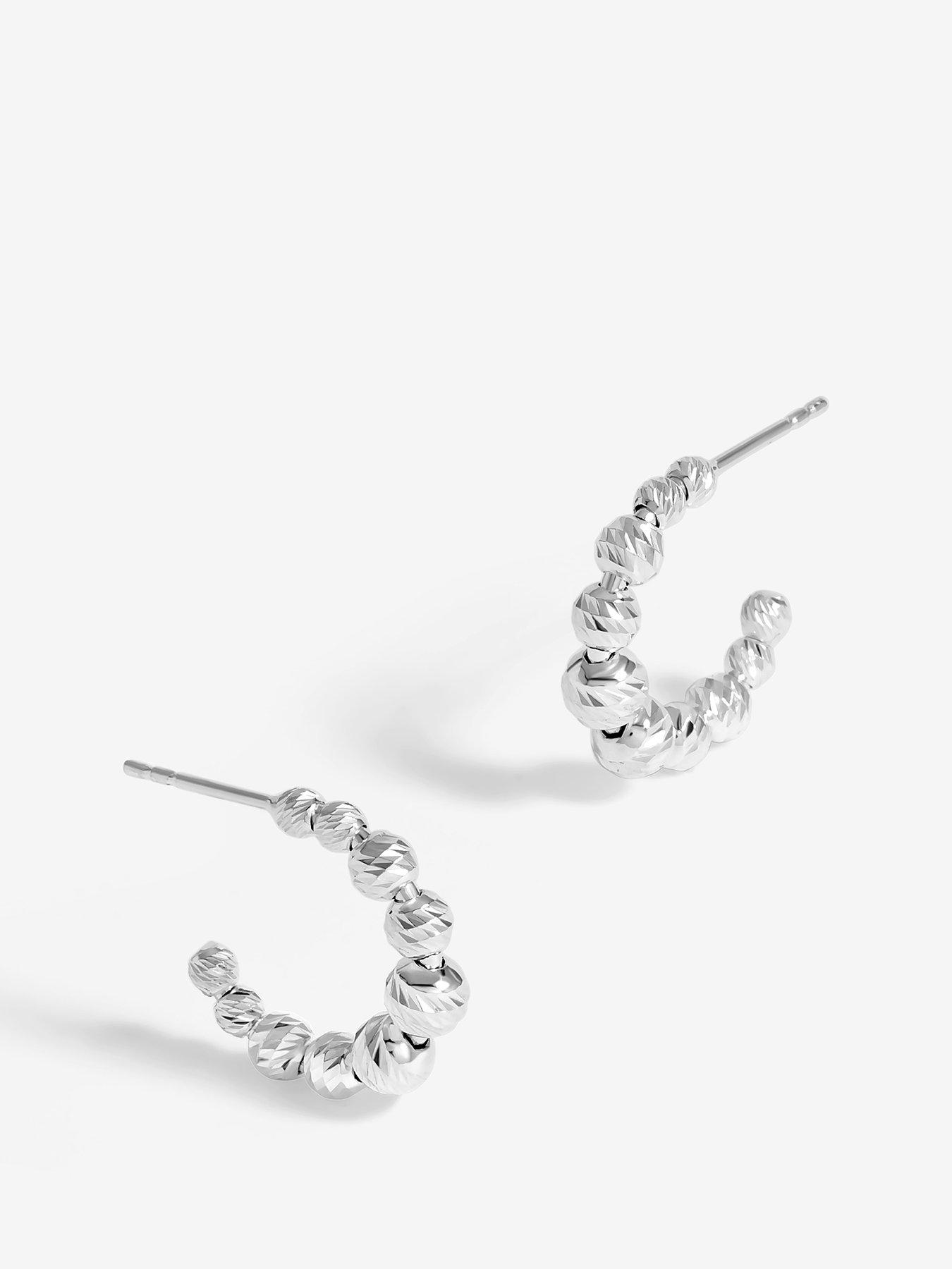 undefined Sterling Silver 925 Polished And Beaded Hoop Earrings