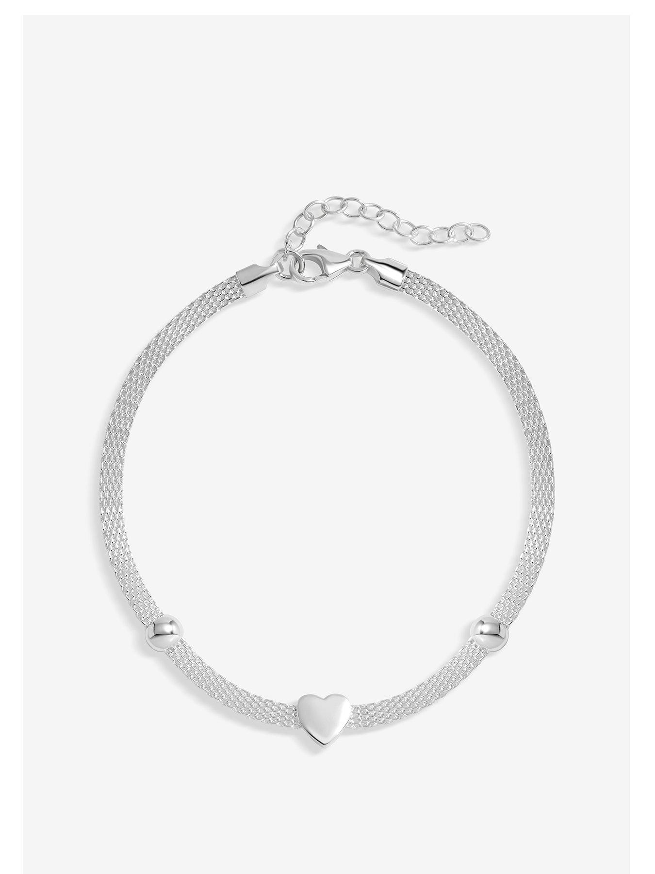 undefined Sterling Silver 925 Polished Mesh Station Heart Bracelet