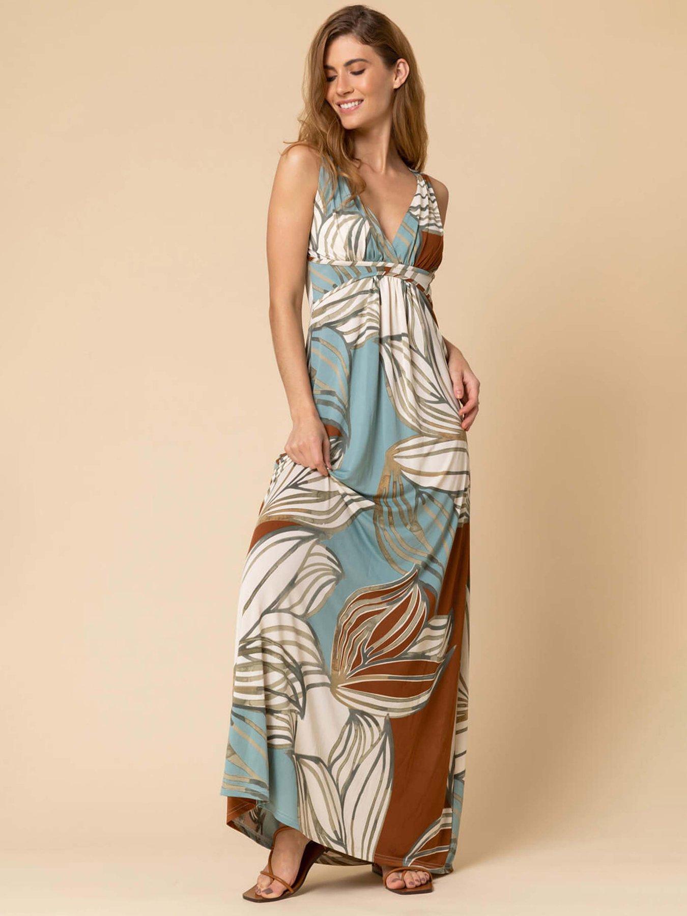 Image of Roman Abstract Leaf Print V Neck Maxi Dress