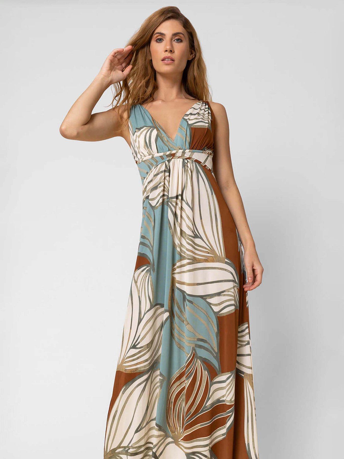  image of roman-abstract-leaf-print-v-neck-maxi-dress