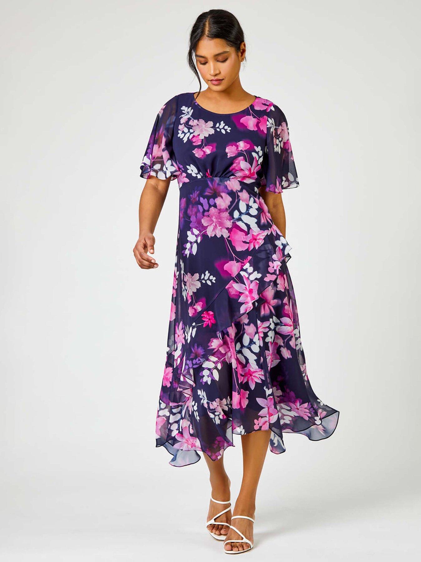 undefined Floral Chiffon Frill Asymmetric Midi Dress