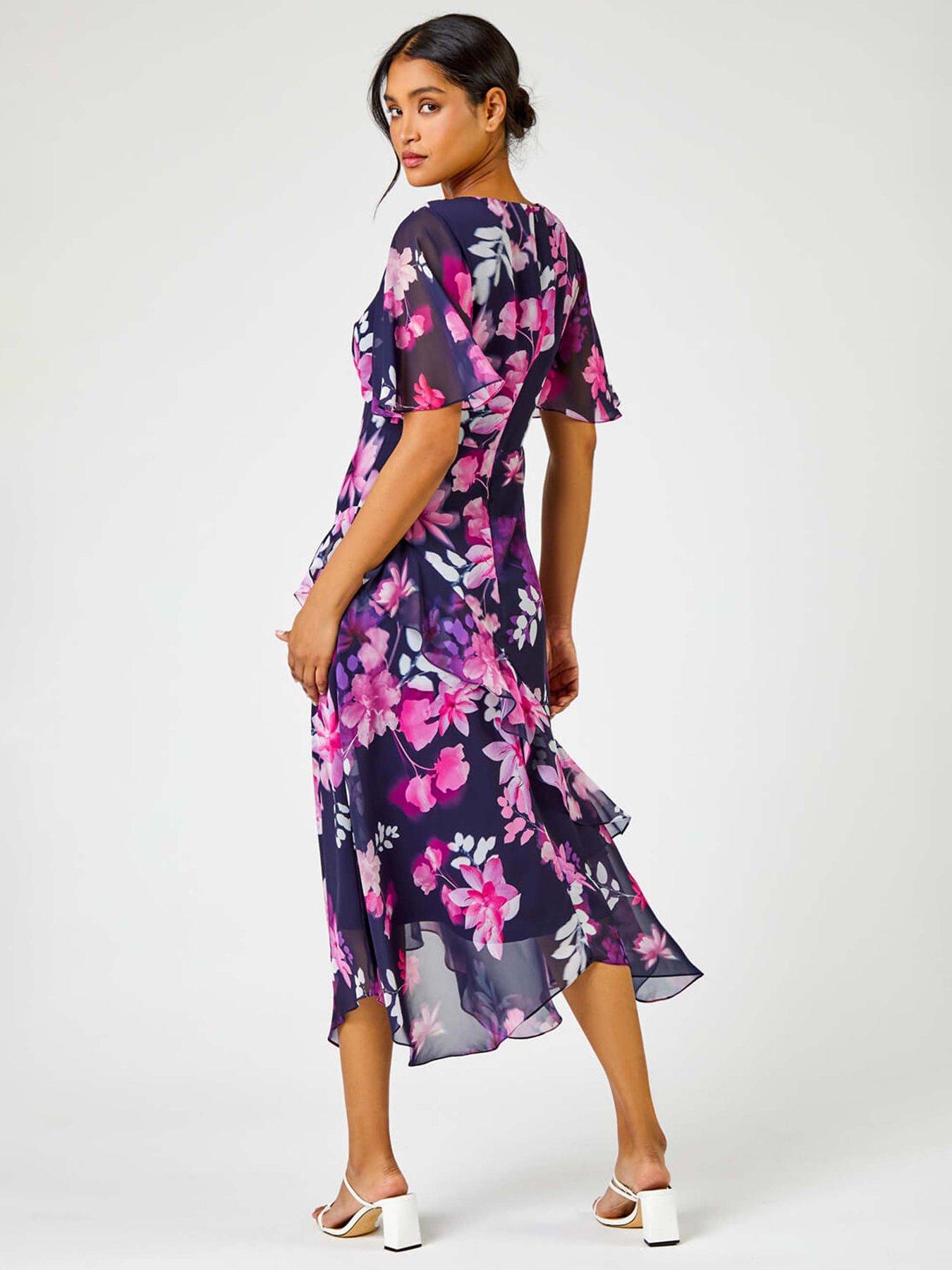 Roman Floral Chiffon Frill Asymmetric Midi Dress