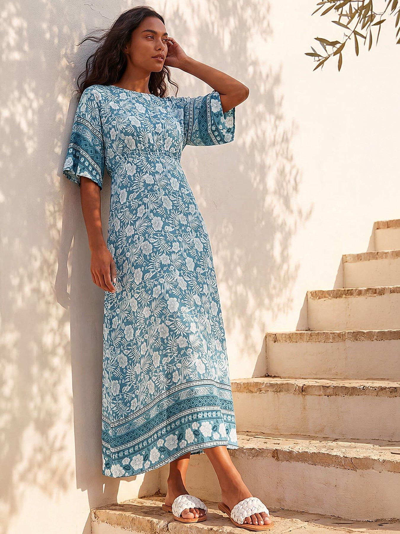 Roman Originals Floral Border Print Midi Dress for Women UK - Ladies Everyday Holiday Spring Summer Round Neckline Comfy Soft Evening Vacation Work Party - Image 5