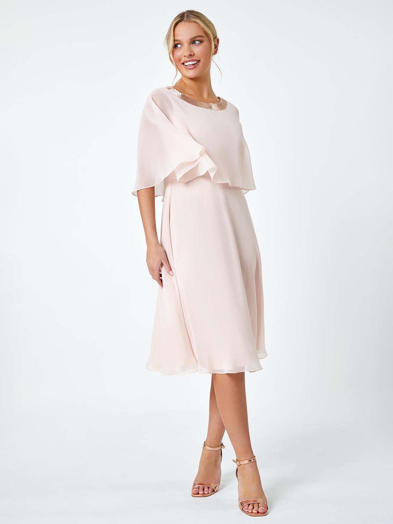 Image of Roman Petite Sequin Trim Chiffon Cape Dress