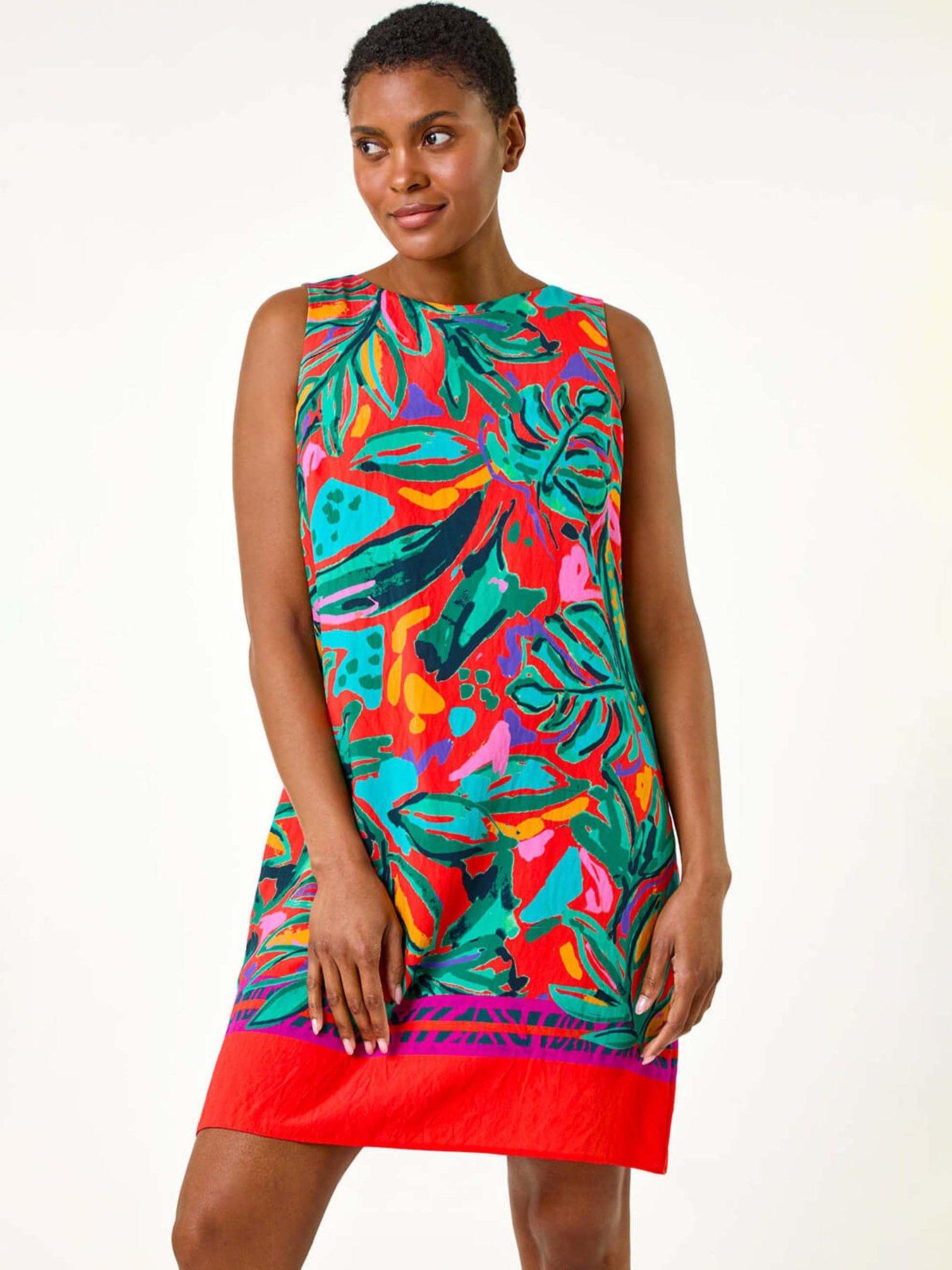 undefined Tropical Border Tie Detail Shift Dress