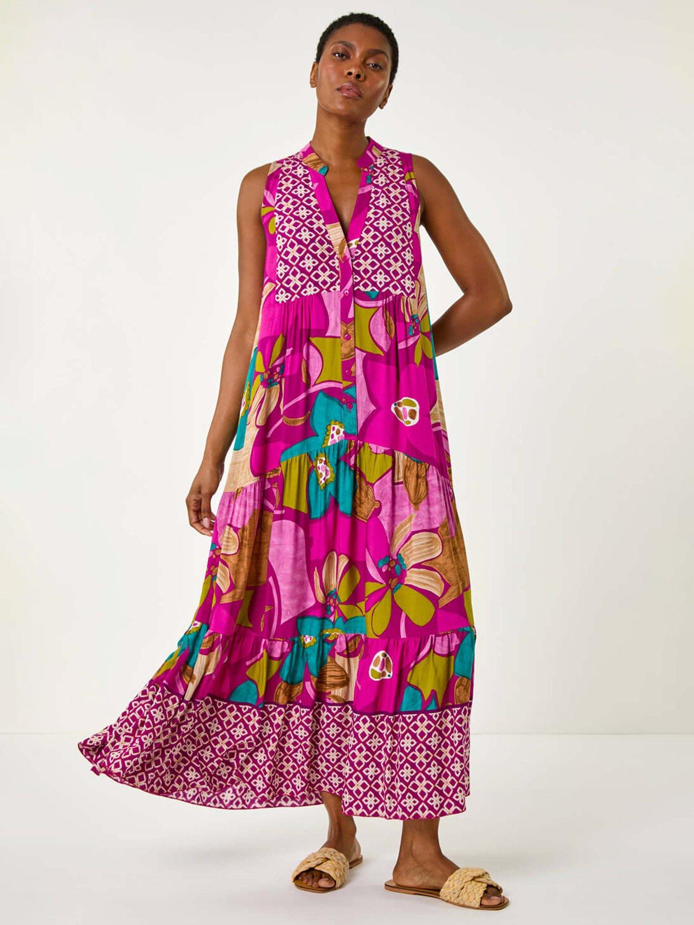Roman Boho Floral Print Smock Maxi Dress, Purple, Size 10, Women