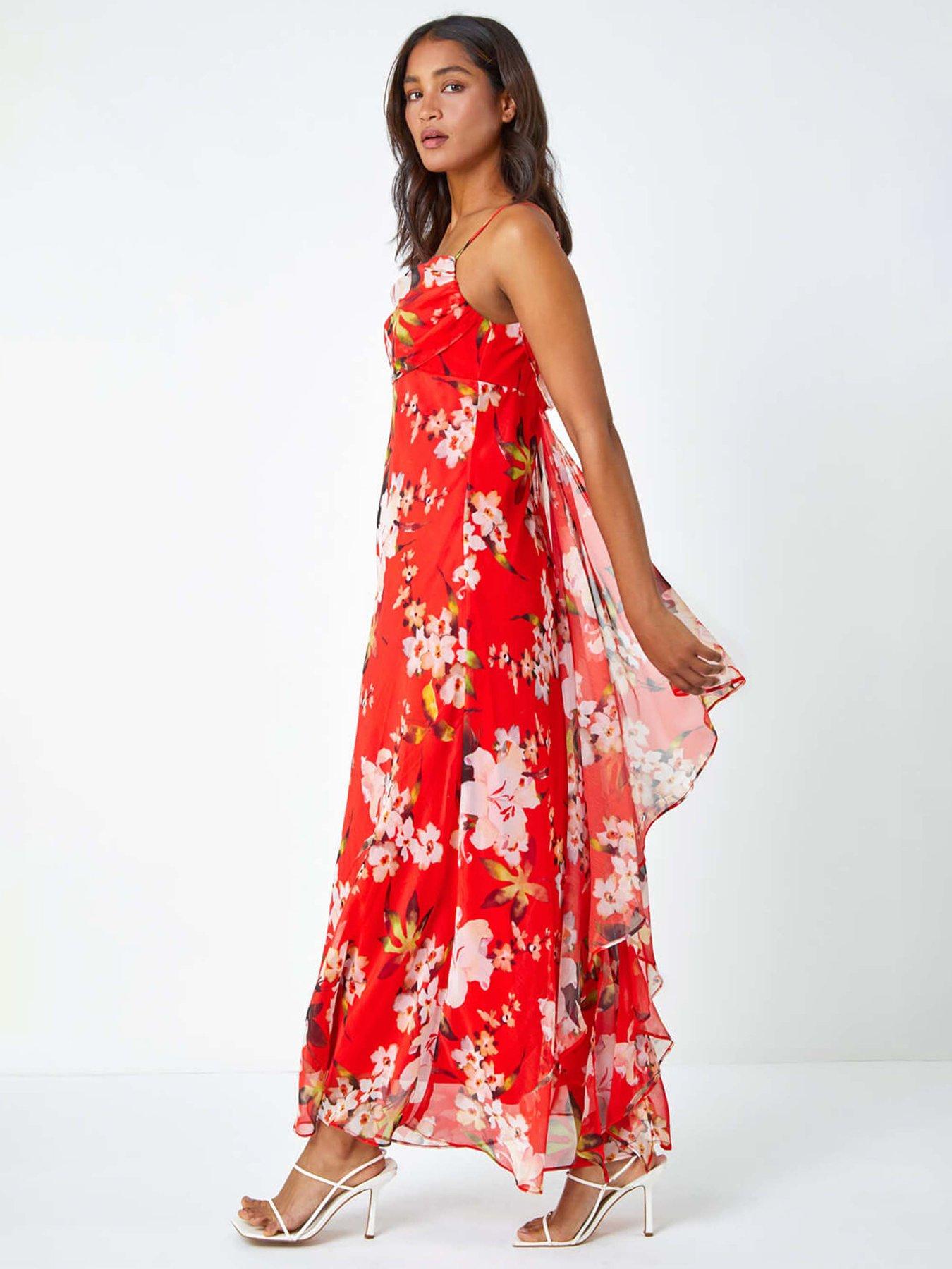 Image of Roman Floral Cowl Neck Chiffon Dress