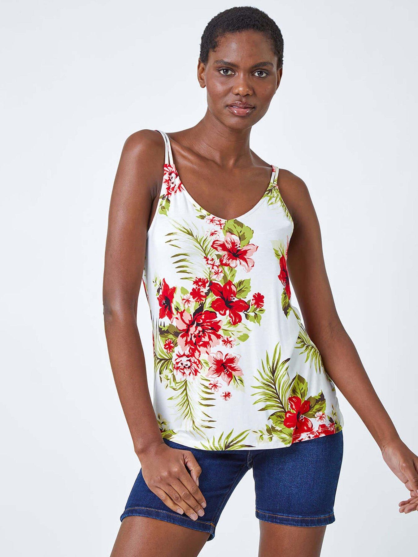 undefined Tropical Print V-neck Strap Detail Cami Top