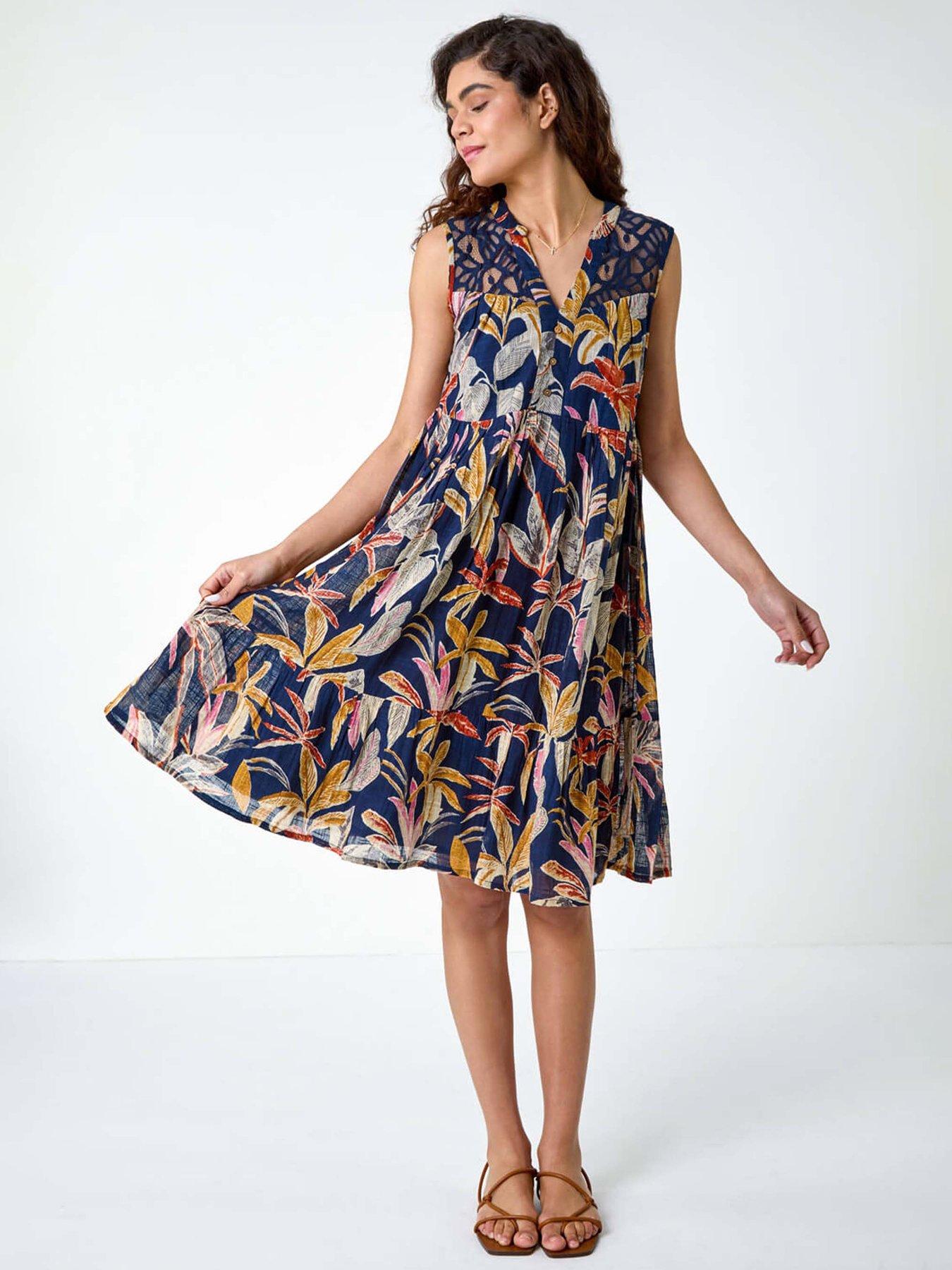 undefined Cotton Tropical Lace Detail Tiered Dress