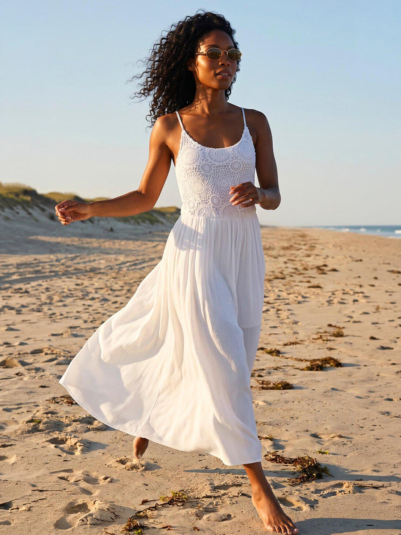 Roman Lace Bodice Shirred Midi Dress, White, Size 16, Women