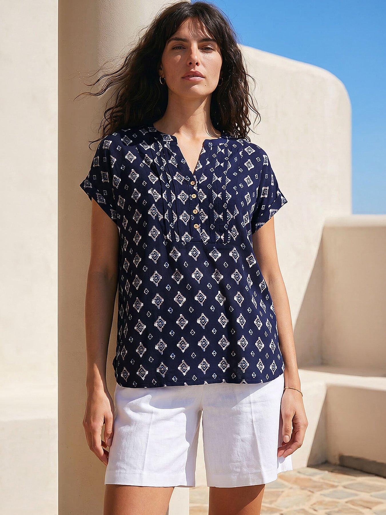 Roman Aztec Print Button V-neck Detail Top, Navy, Size 10, Women