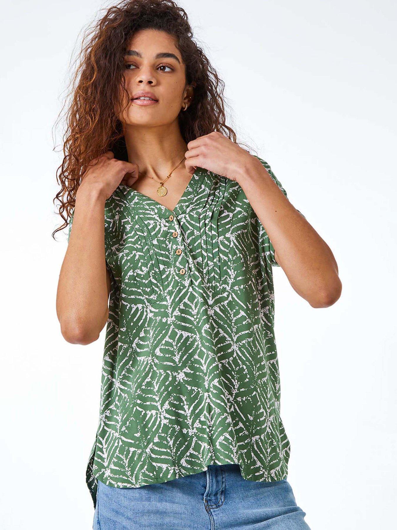 Image 1 of 5 of Roman Abstract Print Button Detail V-neck Top