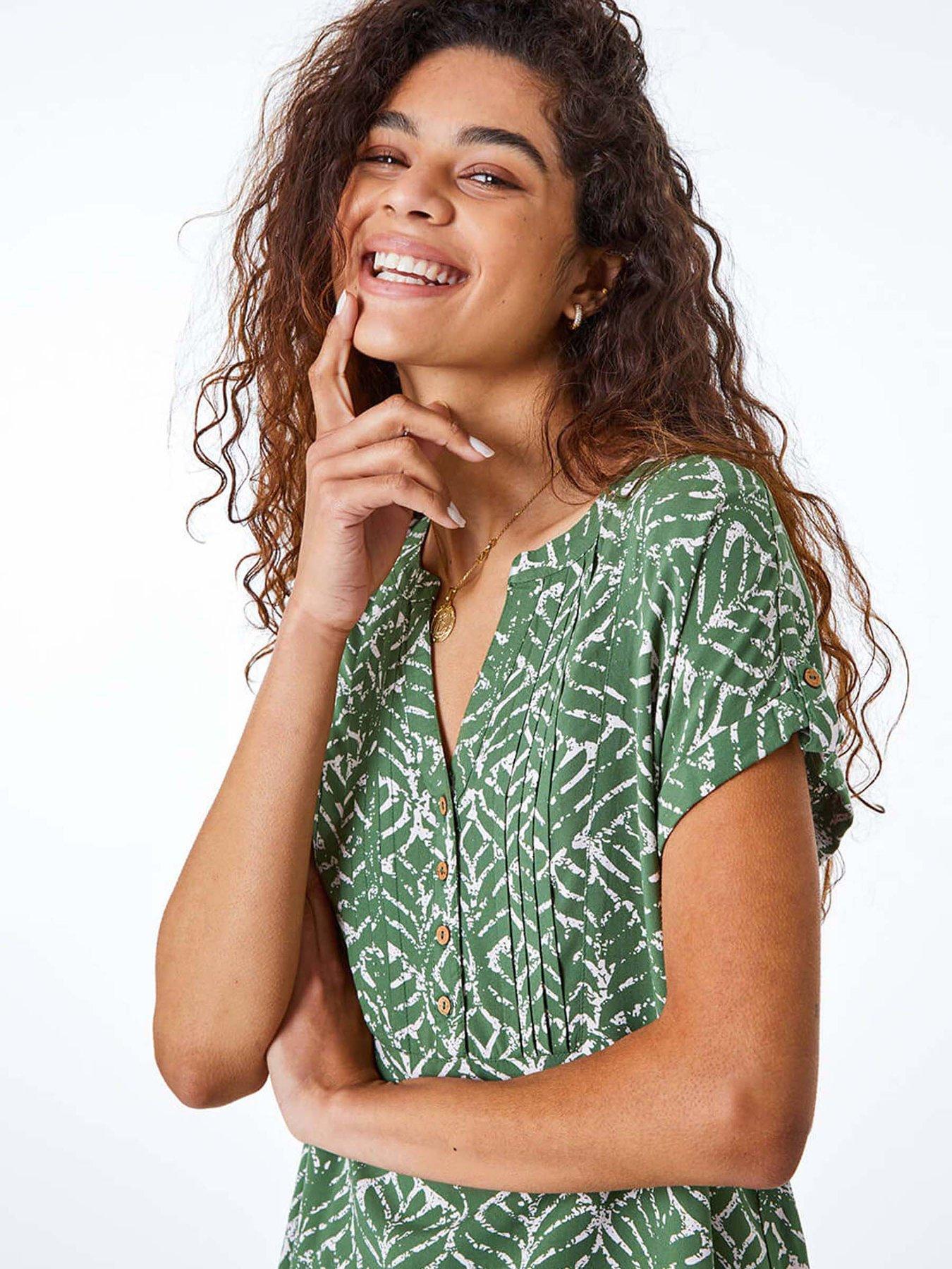 Image 4 of 5 of Roman Abstract Print Button Detail V-neck Top