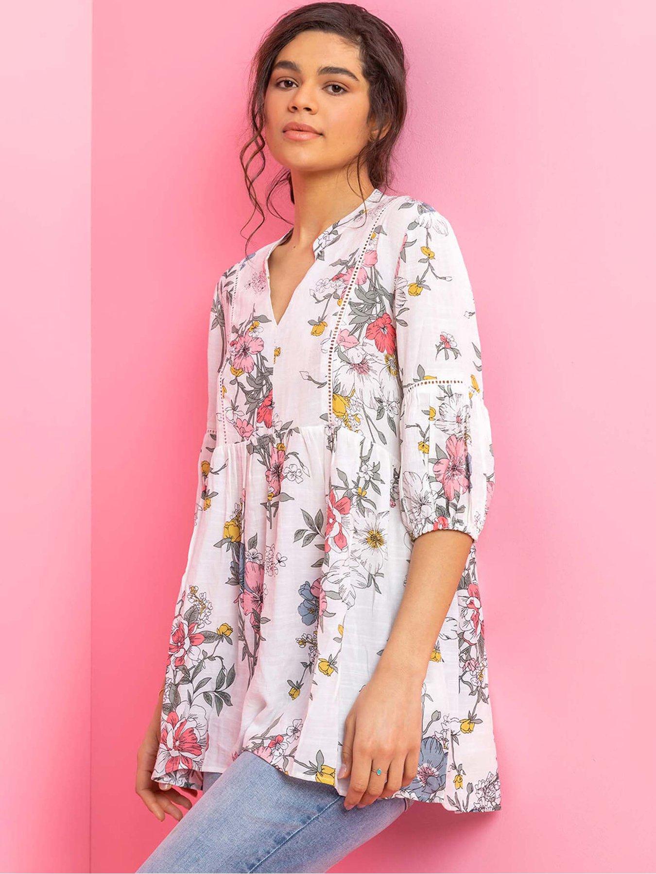 undefined Floral Print Notch Neck Tunic Top