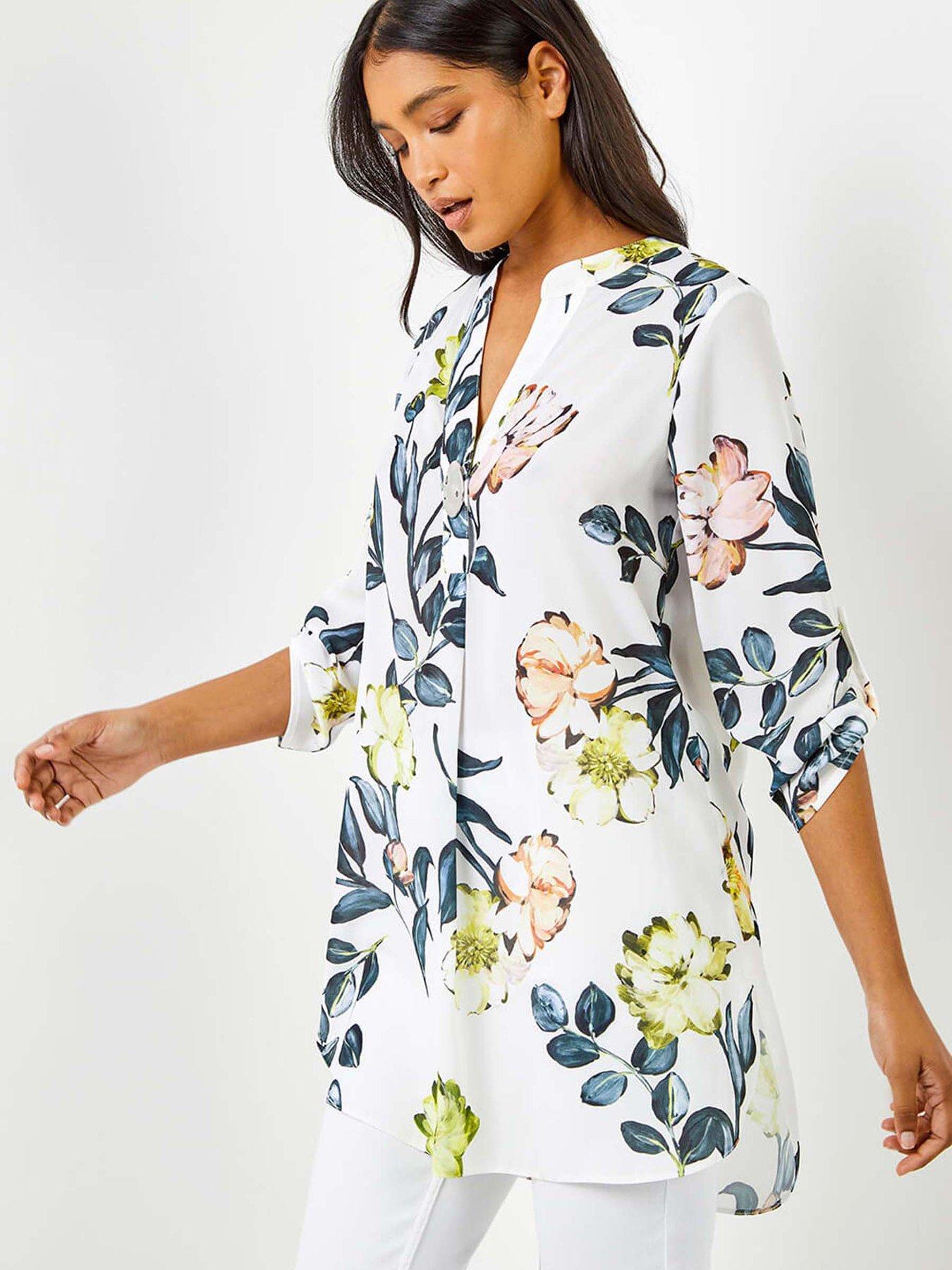 undefined V-neck Longline Button Detail Floral Tunic Top