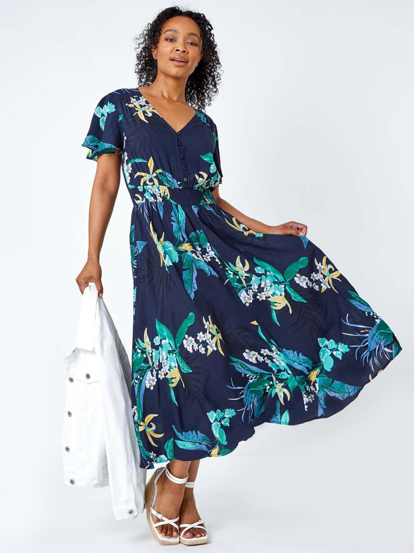Roman Petite Floral Shirred Midi Dress, Navy, Size 14, Women