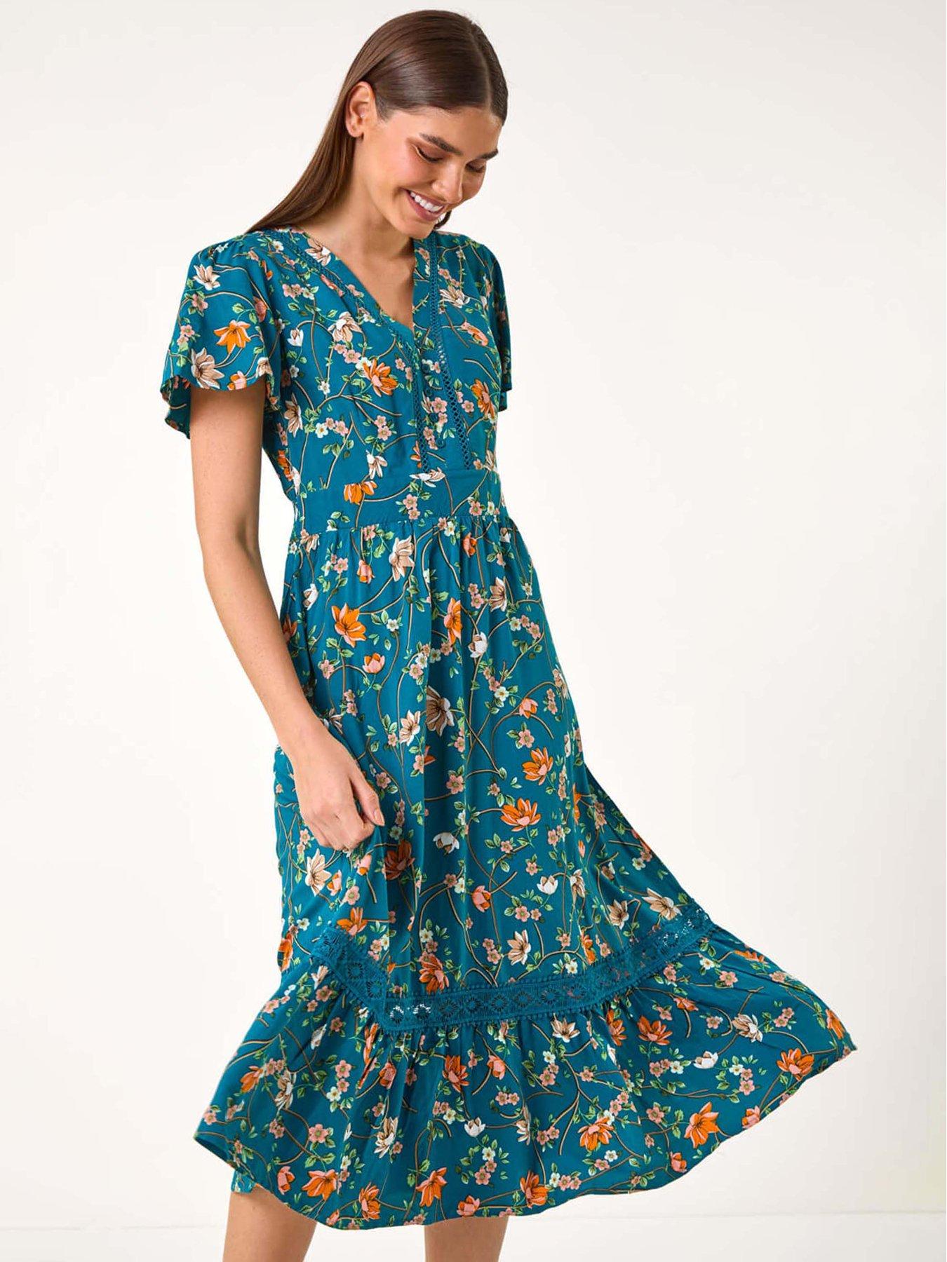 Roman Floral Lace Trim Pocket Midi Dress