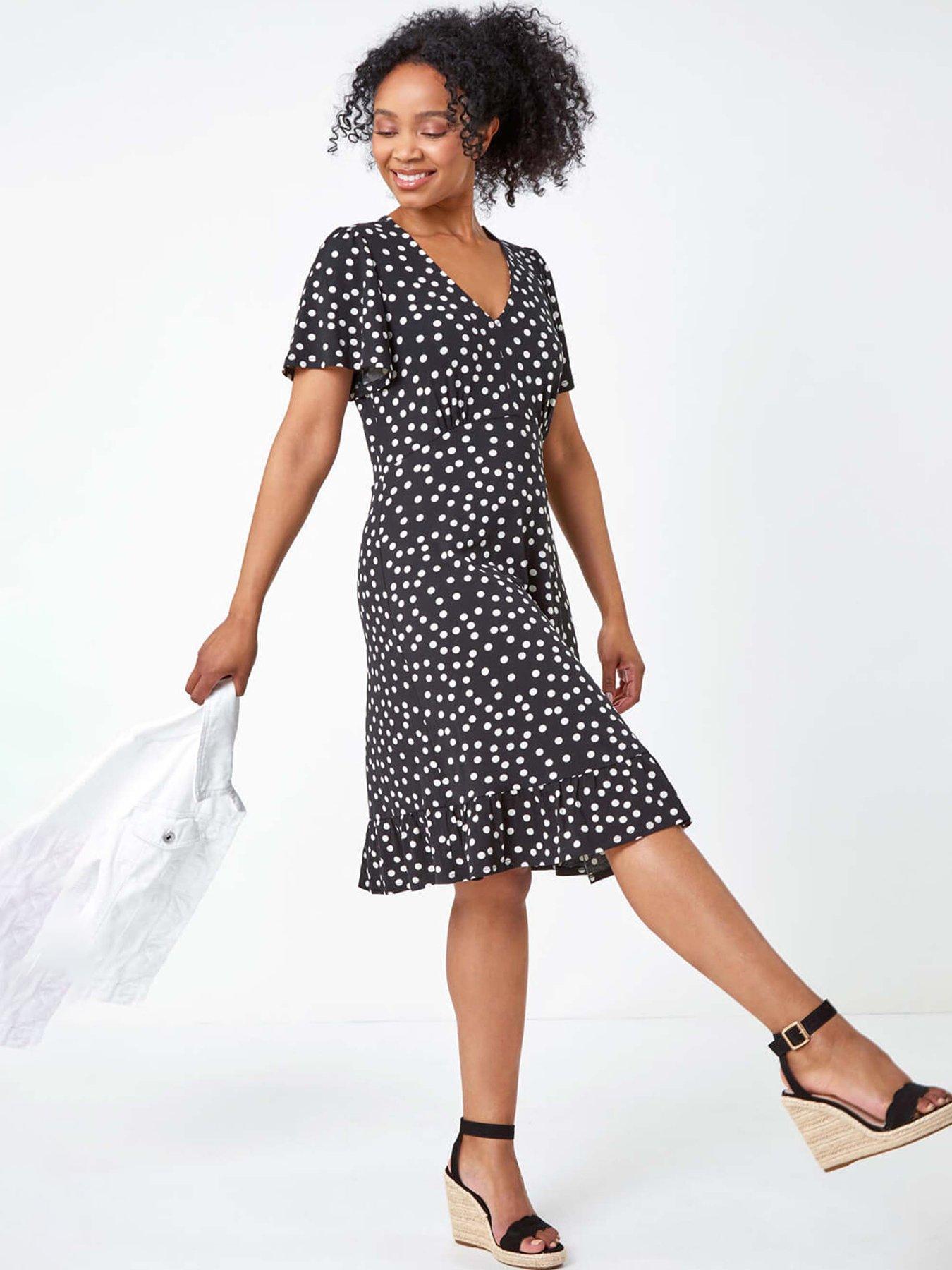 undefined Petite Polka Dot Frill Hem Stretch Dress - Black