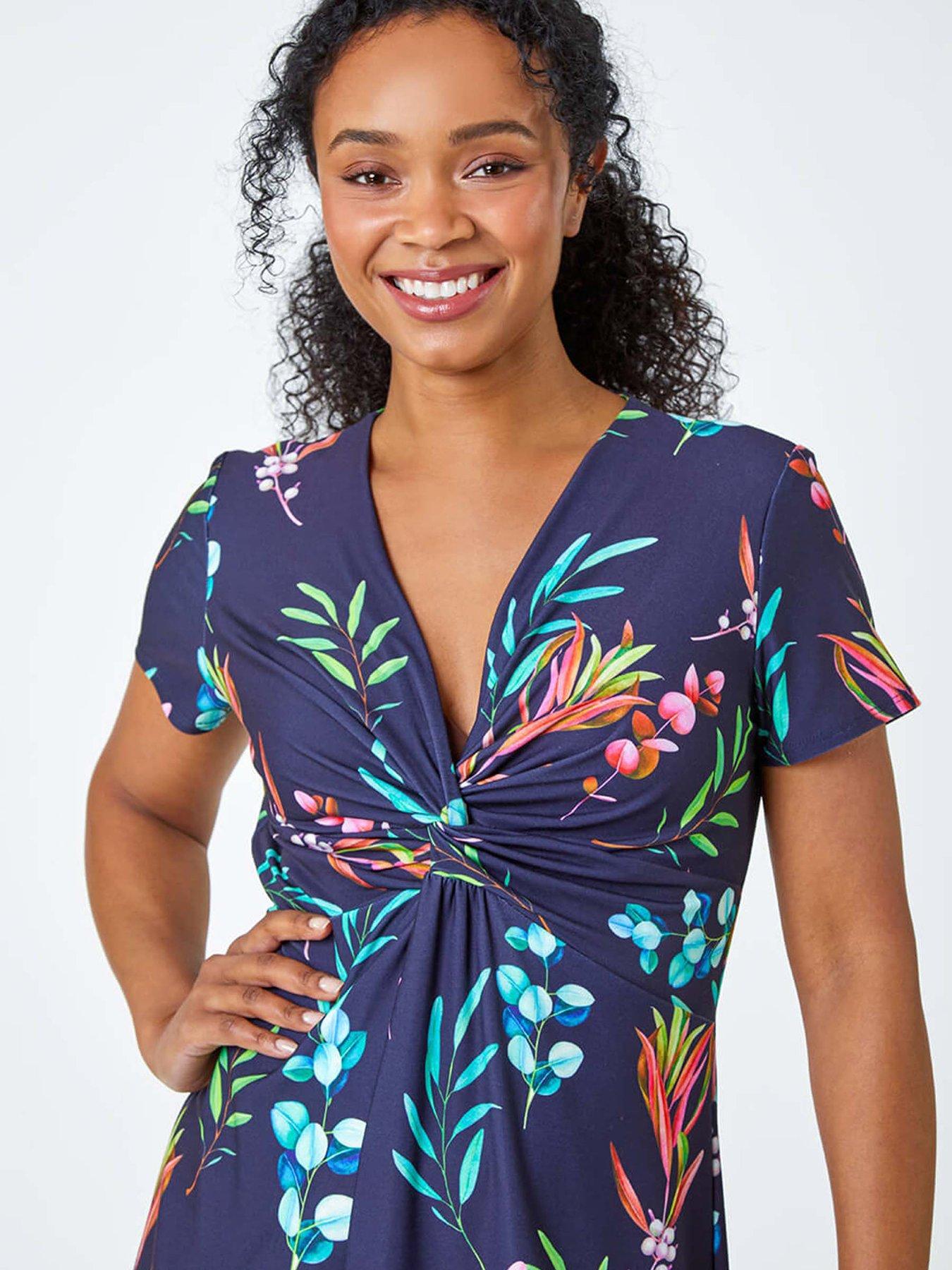 Image 4 of 5 of Roman Petite Floral Twist Detail Stretch Dress