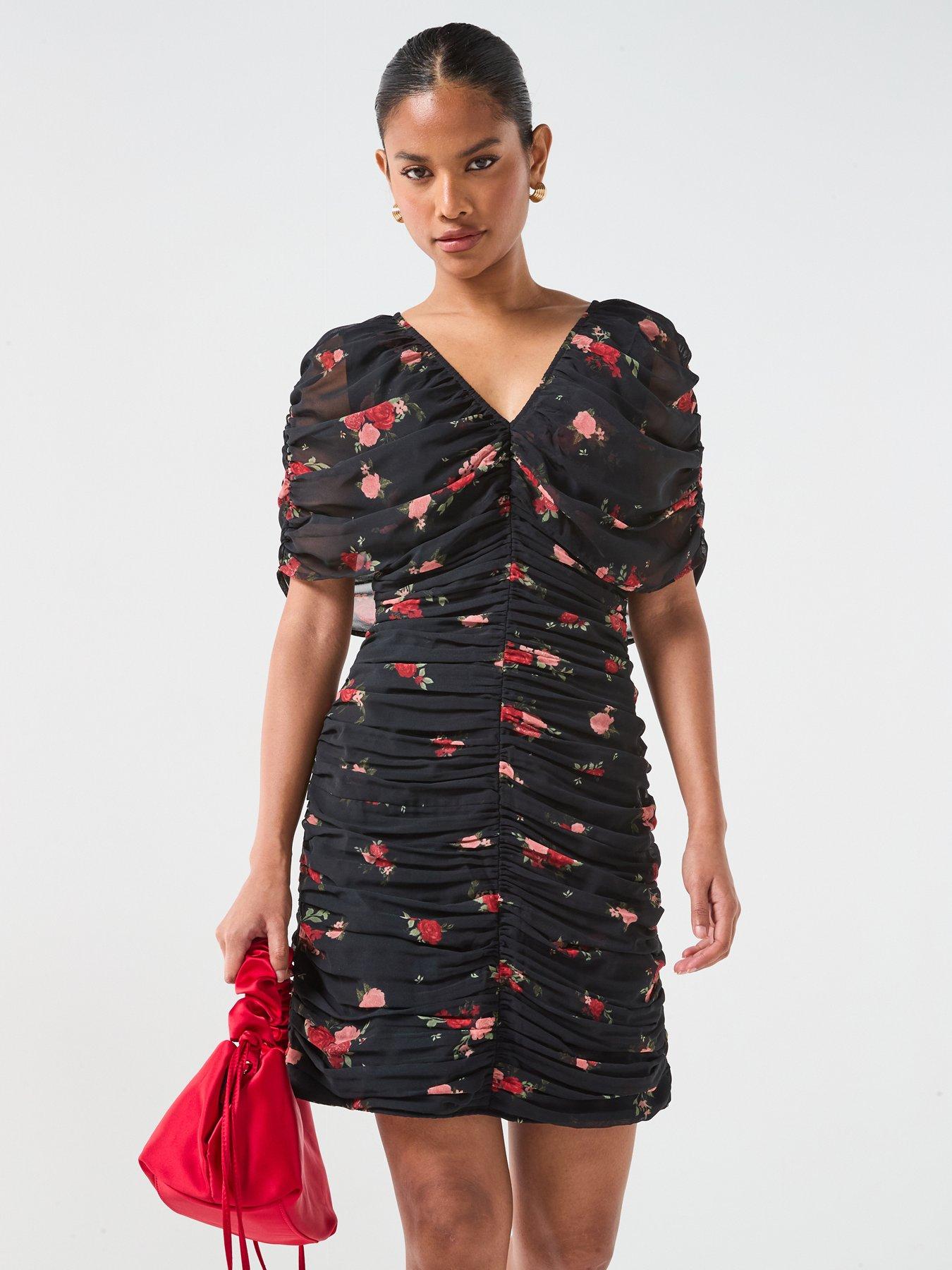 undefined Ruched Floral Printed Mini Dress - Print