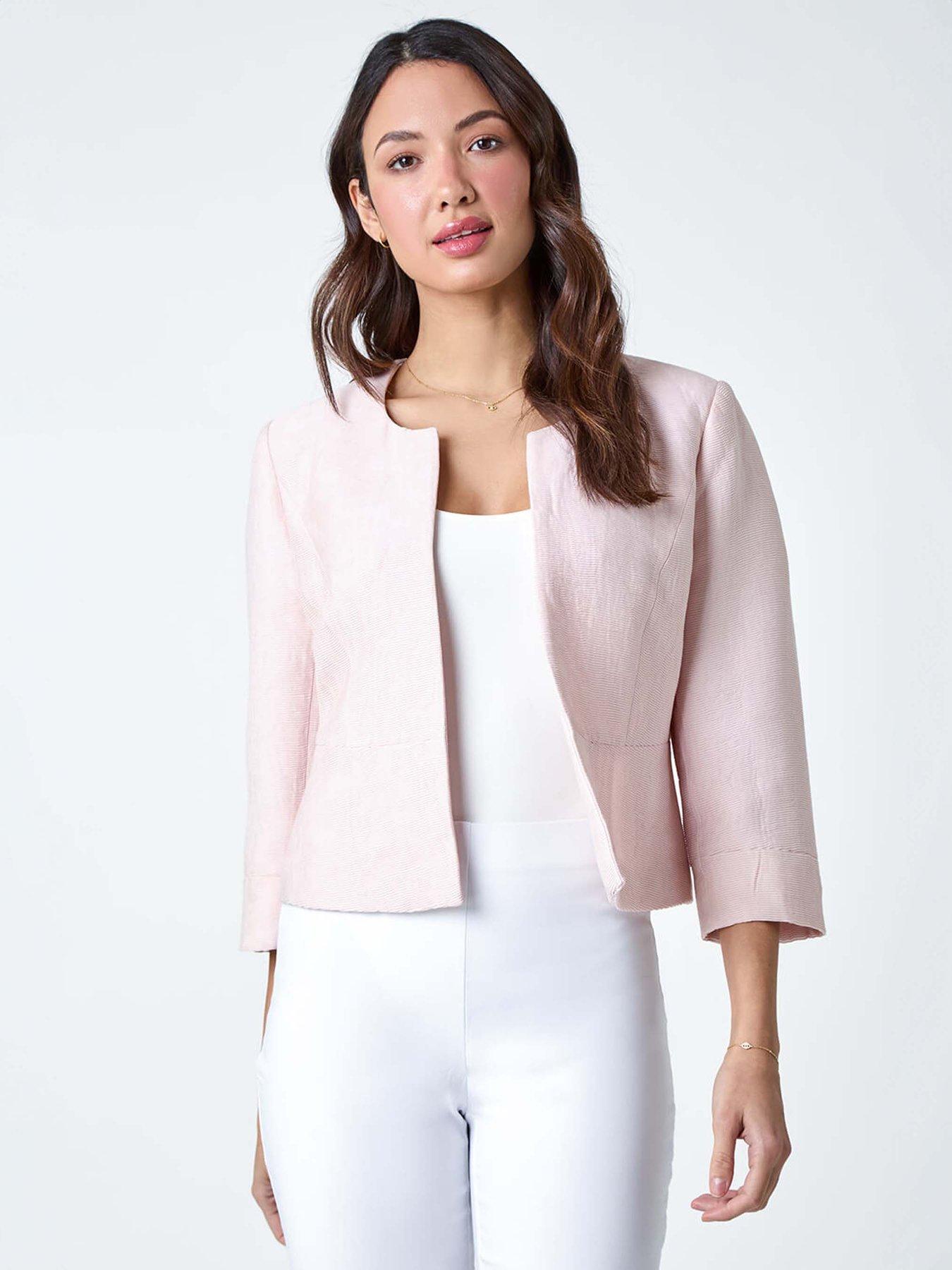 undefined 3/4 Sleeve Pleated Textured Cropped Jacket - Pink