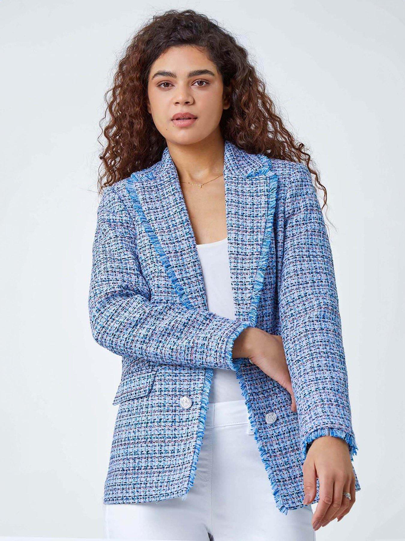Image 1 of 5 of Roman Frayed Edge Boucle Check Jacket - Blue