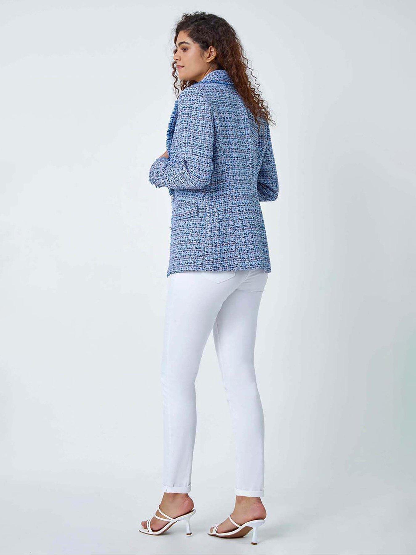 Image 2 of 5 of Roman Frayed Edge Boucle Check Jacket - Blue