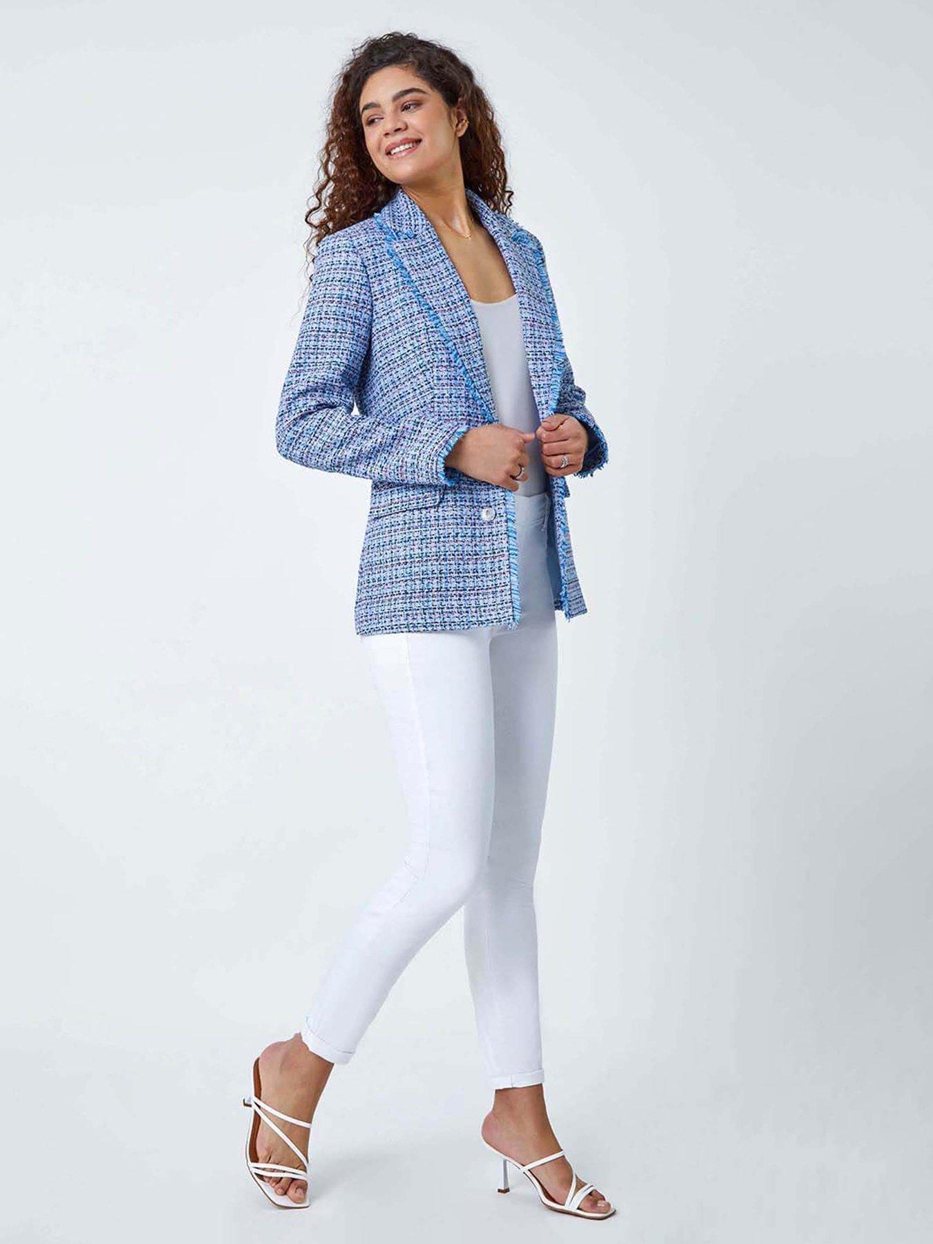 Image 3 of 5 of Roman Frayed Edge Boucle Check Jacket - Blue