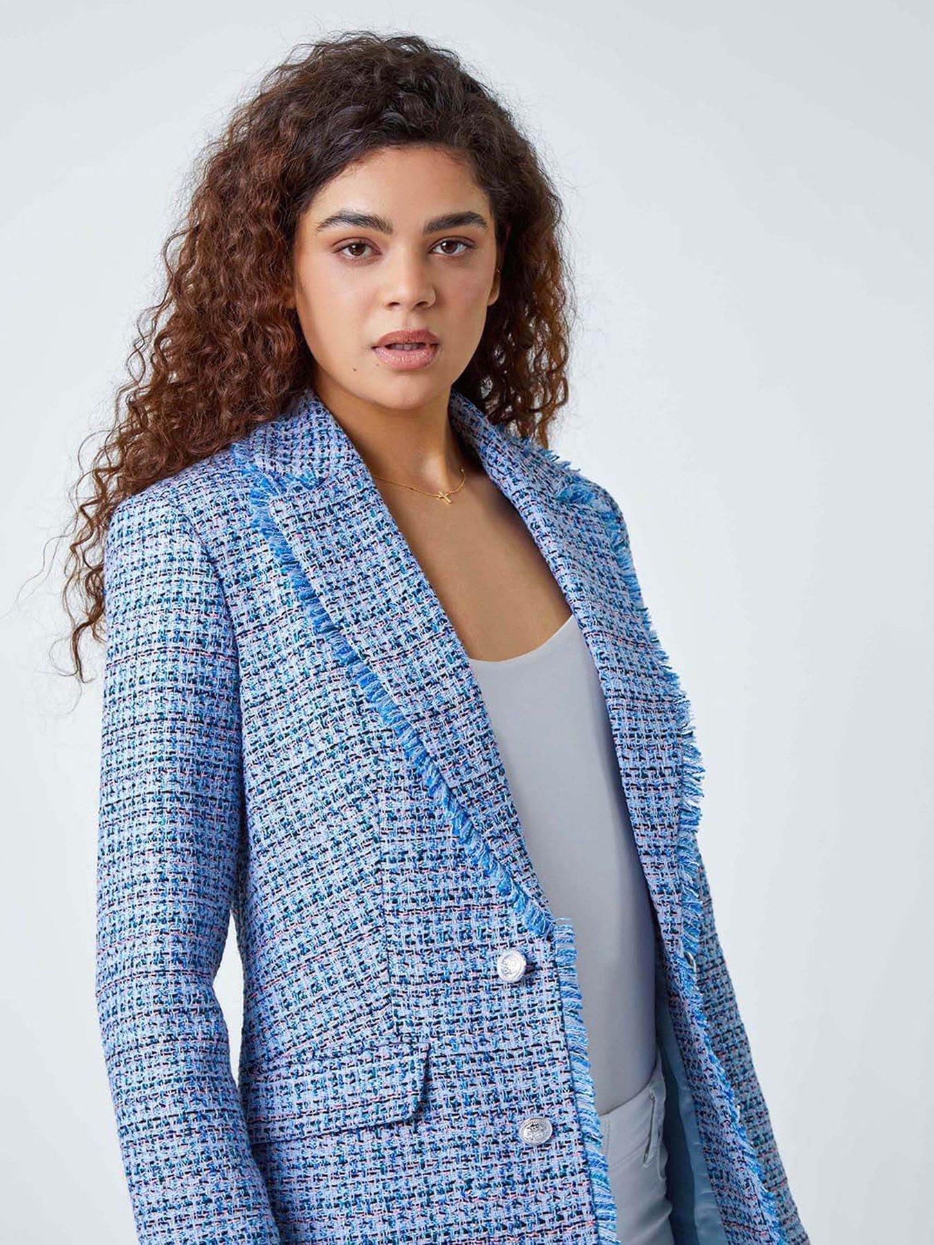 Image 4 of 5 of Roman Frayed Edge Boucle Check Jacket - Blue