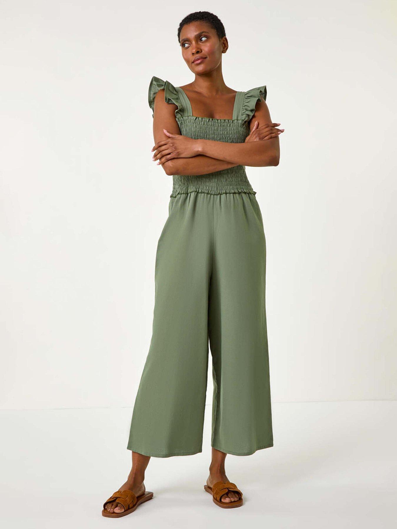 undefined Cotton Linen Blend Frill Jumpsuit