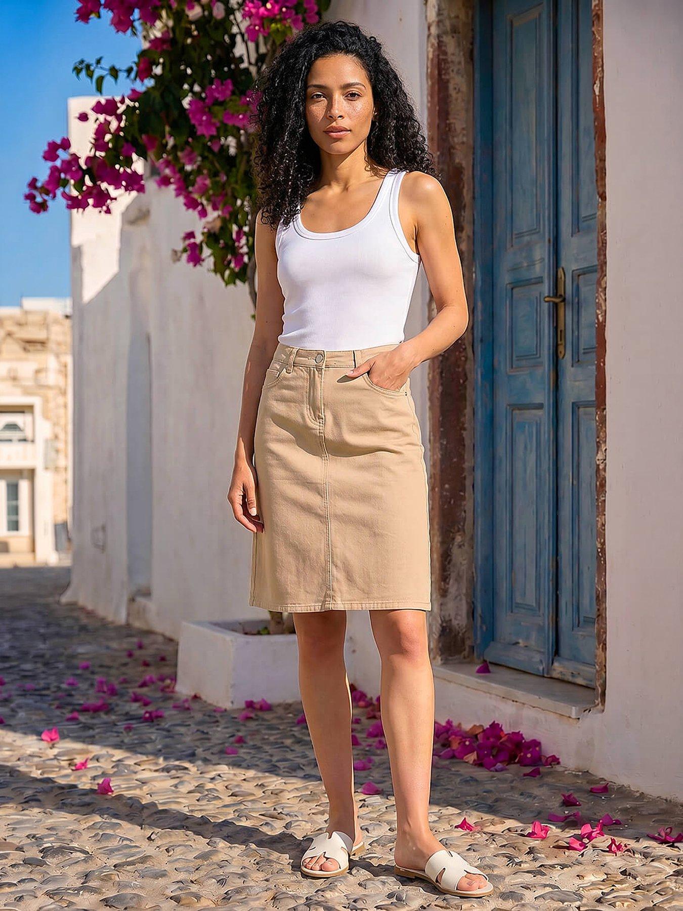 Roman Cotton Denim Stretch A Line Skirt, Beige, Size 20, Women