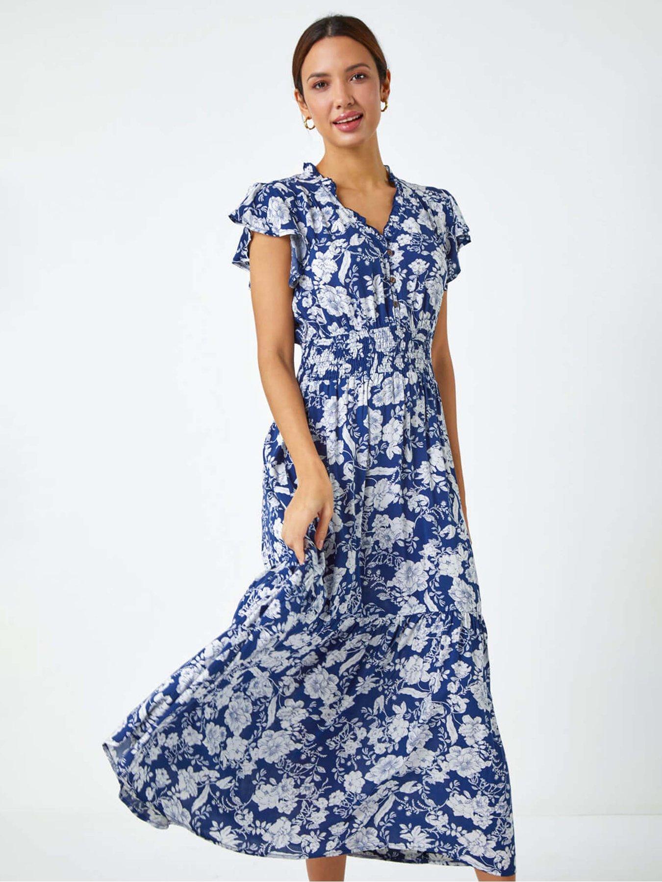 undefined Floral Print Frill Detail Midi Dress