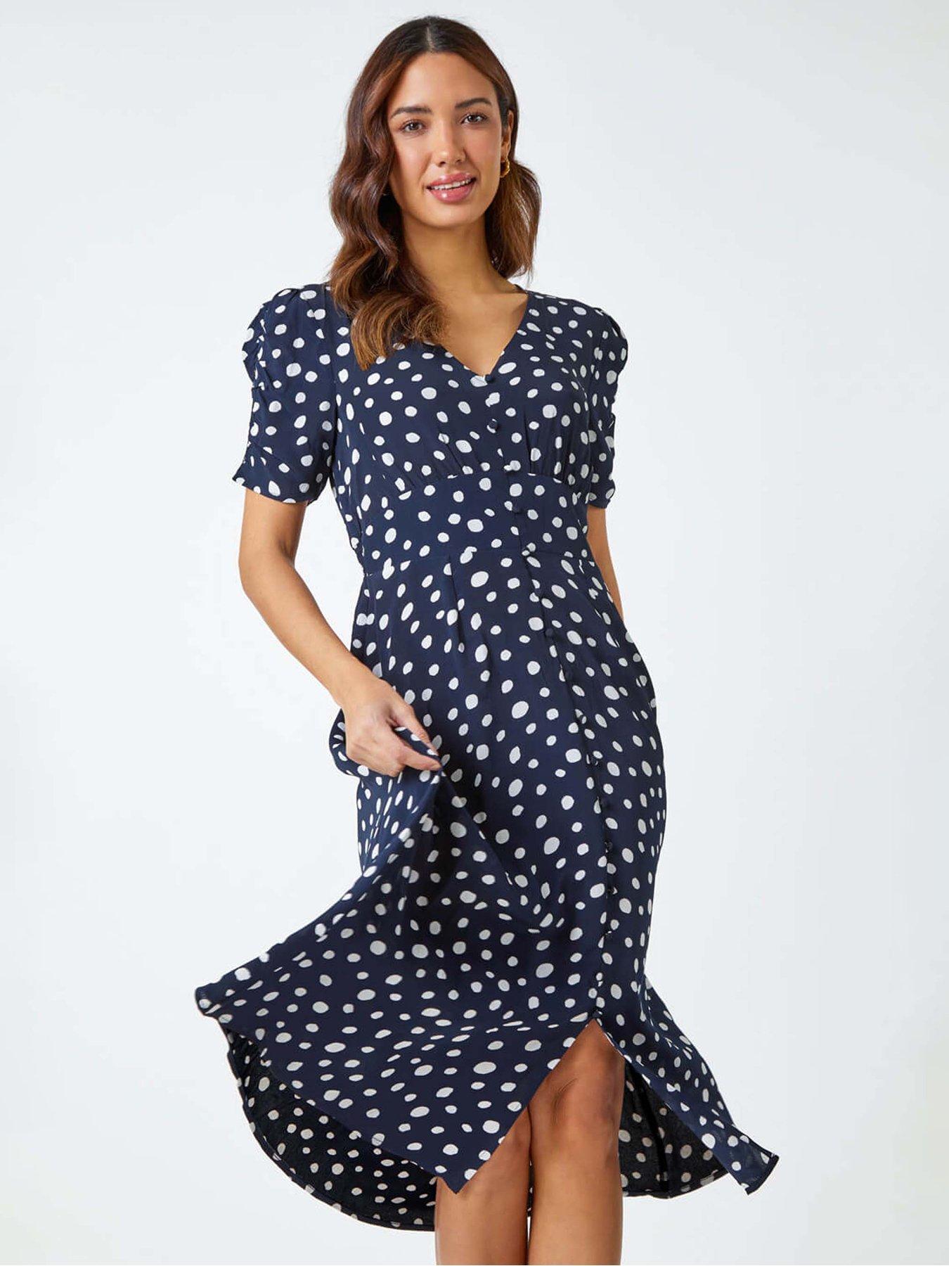 Roman Polka Dot Ruched Sleeve Midi Dress - Navy