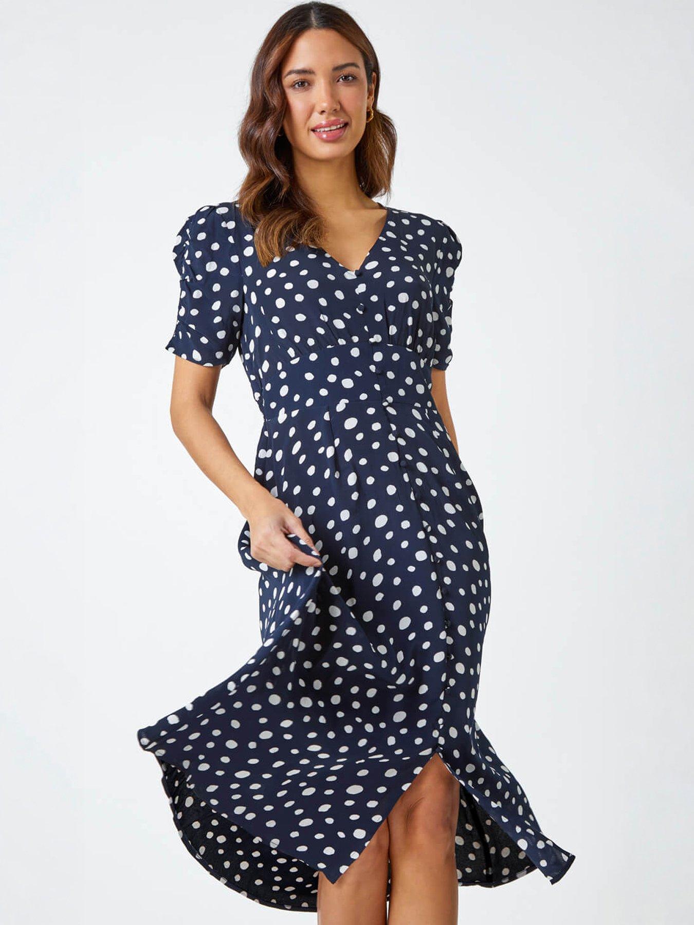 Polka Dot Drop Waist Ruched Midi Dress