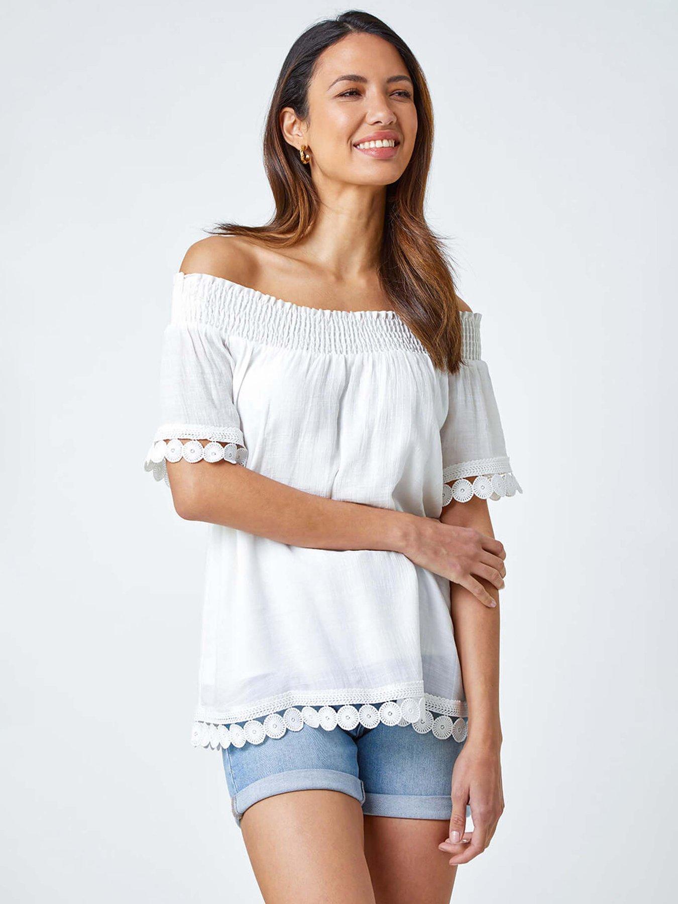 undefined Lace Detail Shirred Bardot Top